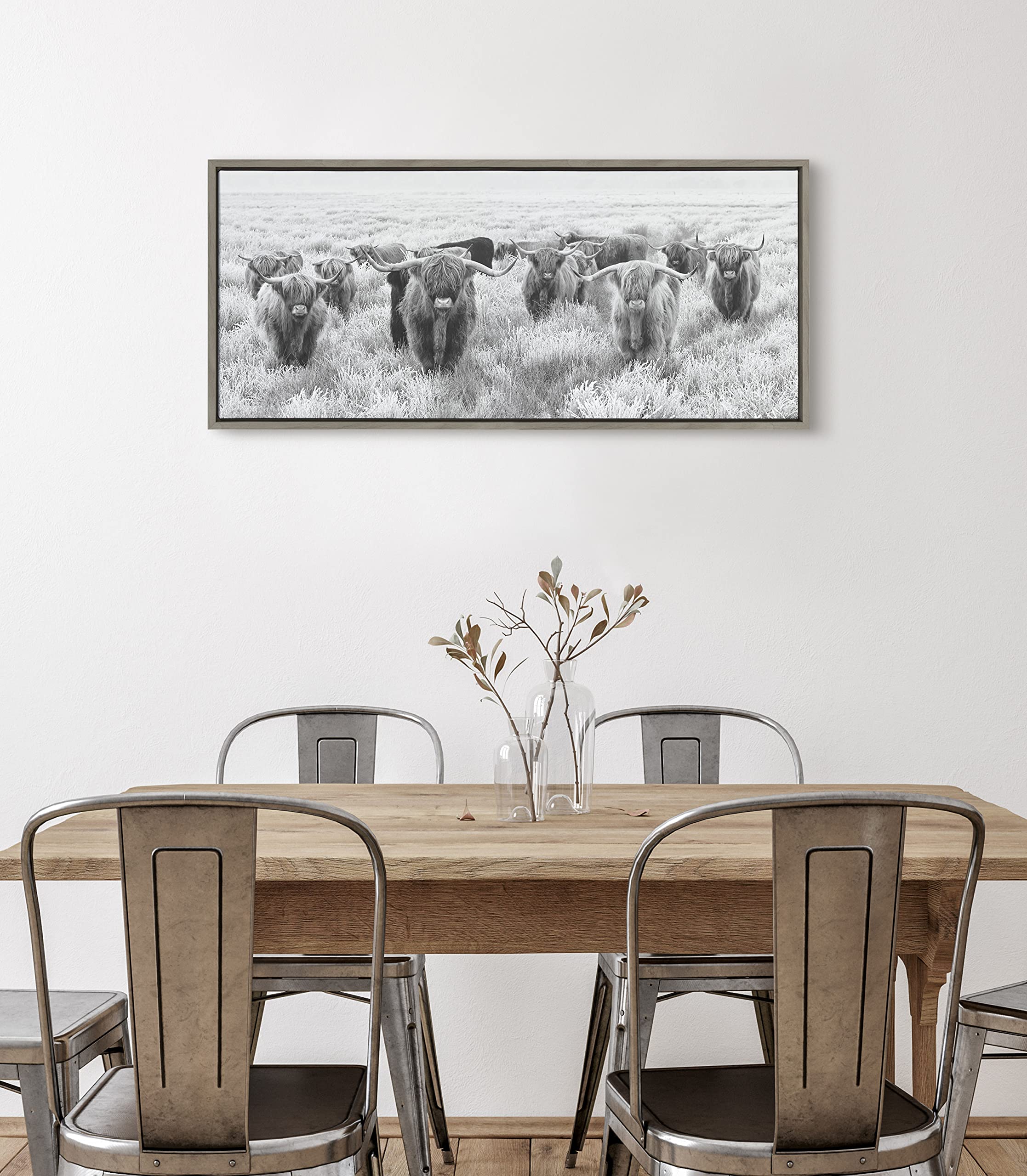 Kate & Laurel Sylvie Highland Cows Black & White Framed Canvas Wall Art - 18x40 Inch Farmhouse Animal Painting - Gray Modern Home Decor for Living Room, Bedroom & Office
