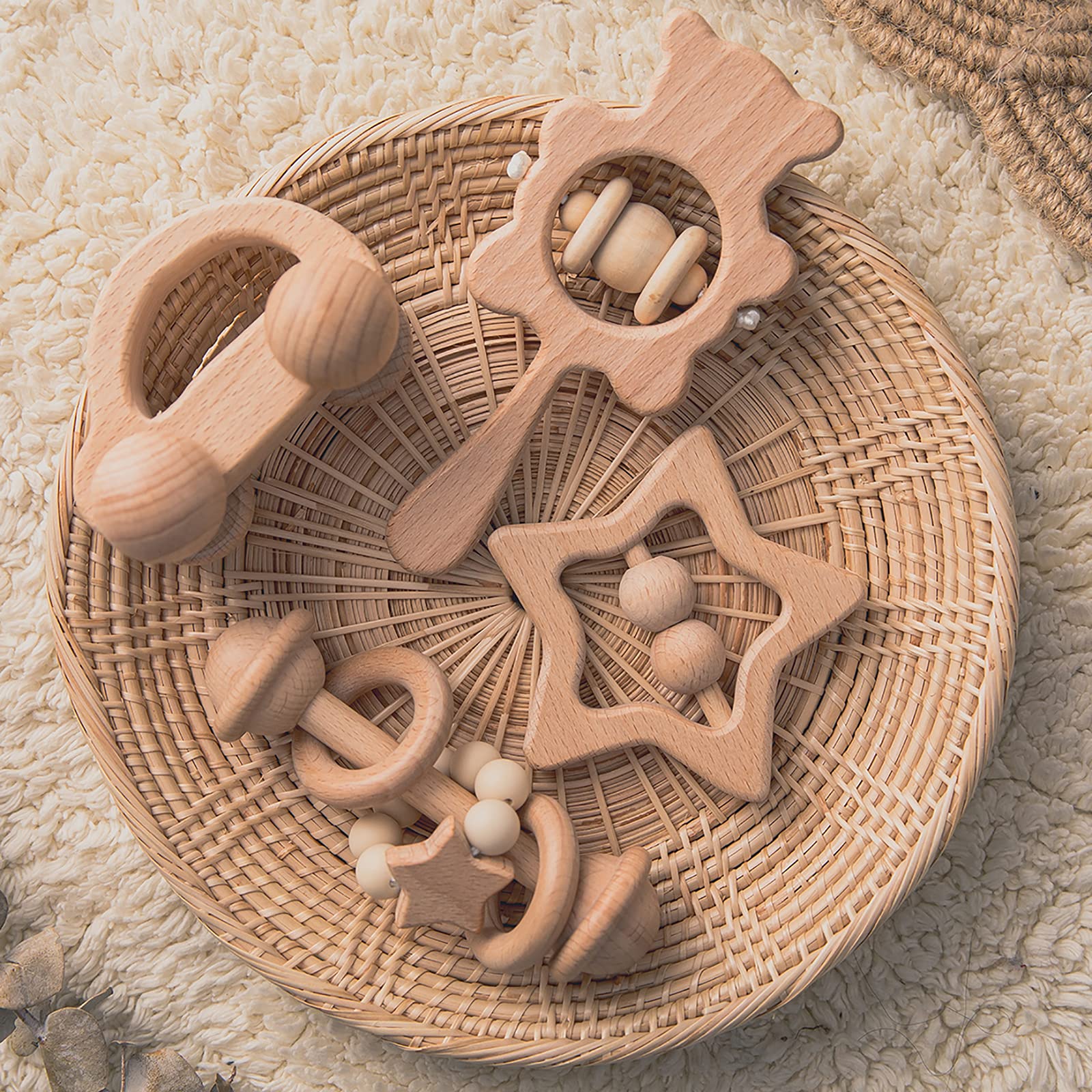 HI BABY MONMENT 4-Piece Wooden Baby Toy Set - Handmade Wooden Rattles & Montessori Toys for Boys & Girls 36+ Months | Safe & Natural Wooden Car Rattles for Sensory Play & Early Learning