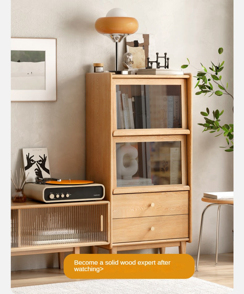 Solid Oak and Ash Wood Flip Door Side Cabinet with LED Lighting - Perfect for Living Room, Bedroom, or Office Storage and Display