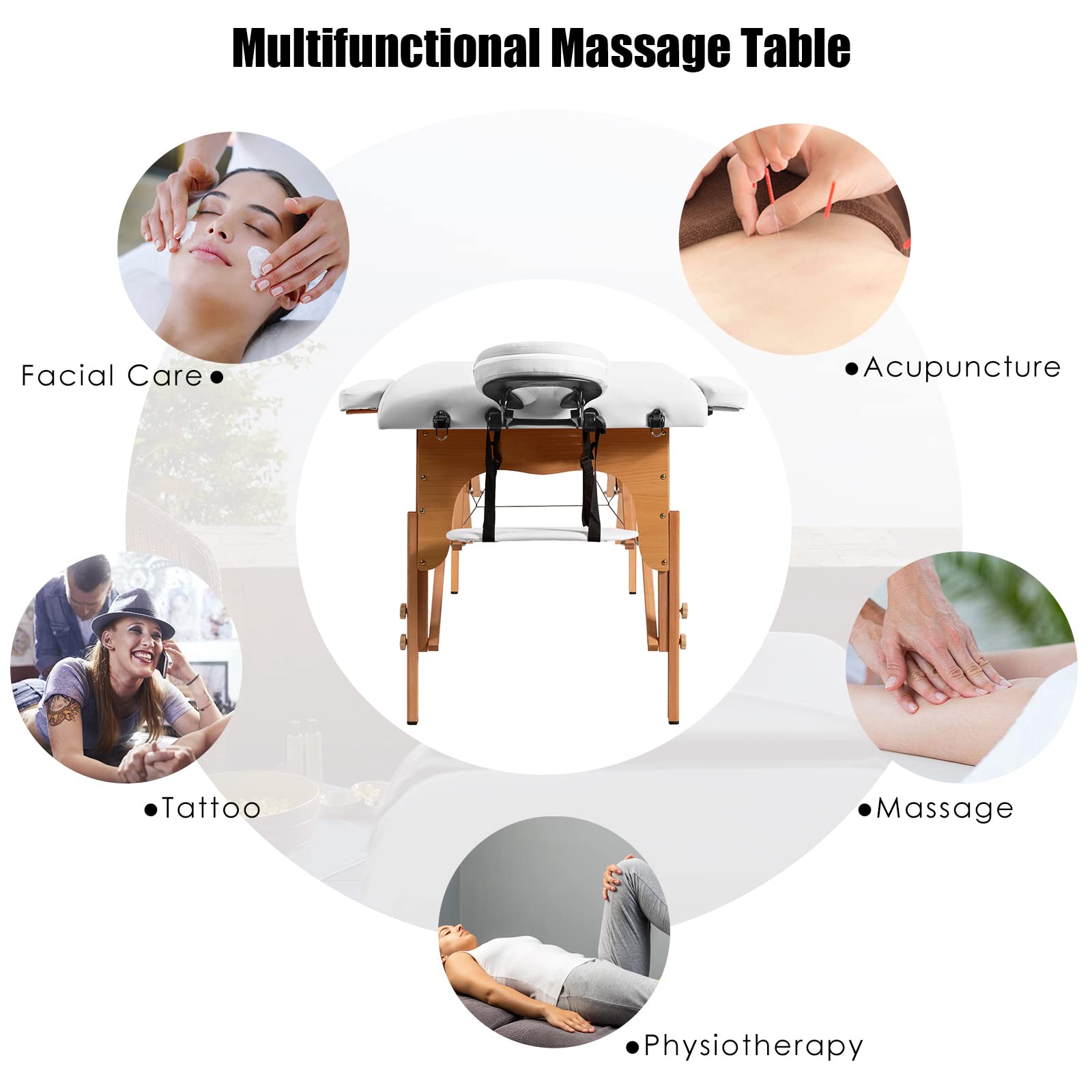 COSTWAY Portable Folding Massage Table - Adjustable Height Massage Bed with Face Cradle, Arm Rest & Carrying Case - 2-Section Salon Spa Table for Tattoo, Beauty, Therapy & Lash Extensions (White, 84