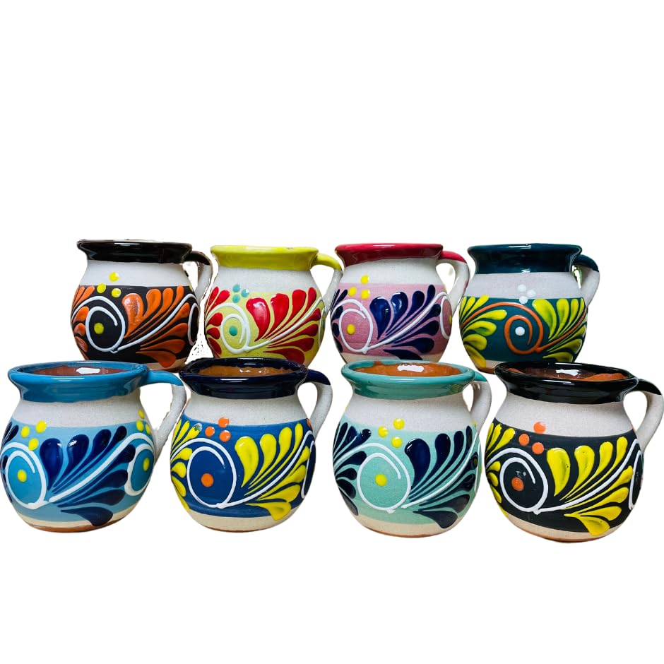 Set of 8 Mexican Handcrafted Clay Mugs - Traditional Engobe Jarrito Decorado Ceramic Cups for Coffee, Tea & Hot Chocolate - Authentic Guelaguetza Artisan Design - Perfect for Home, Cafe & Gift Giving