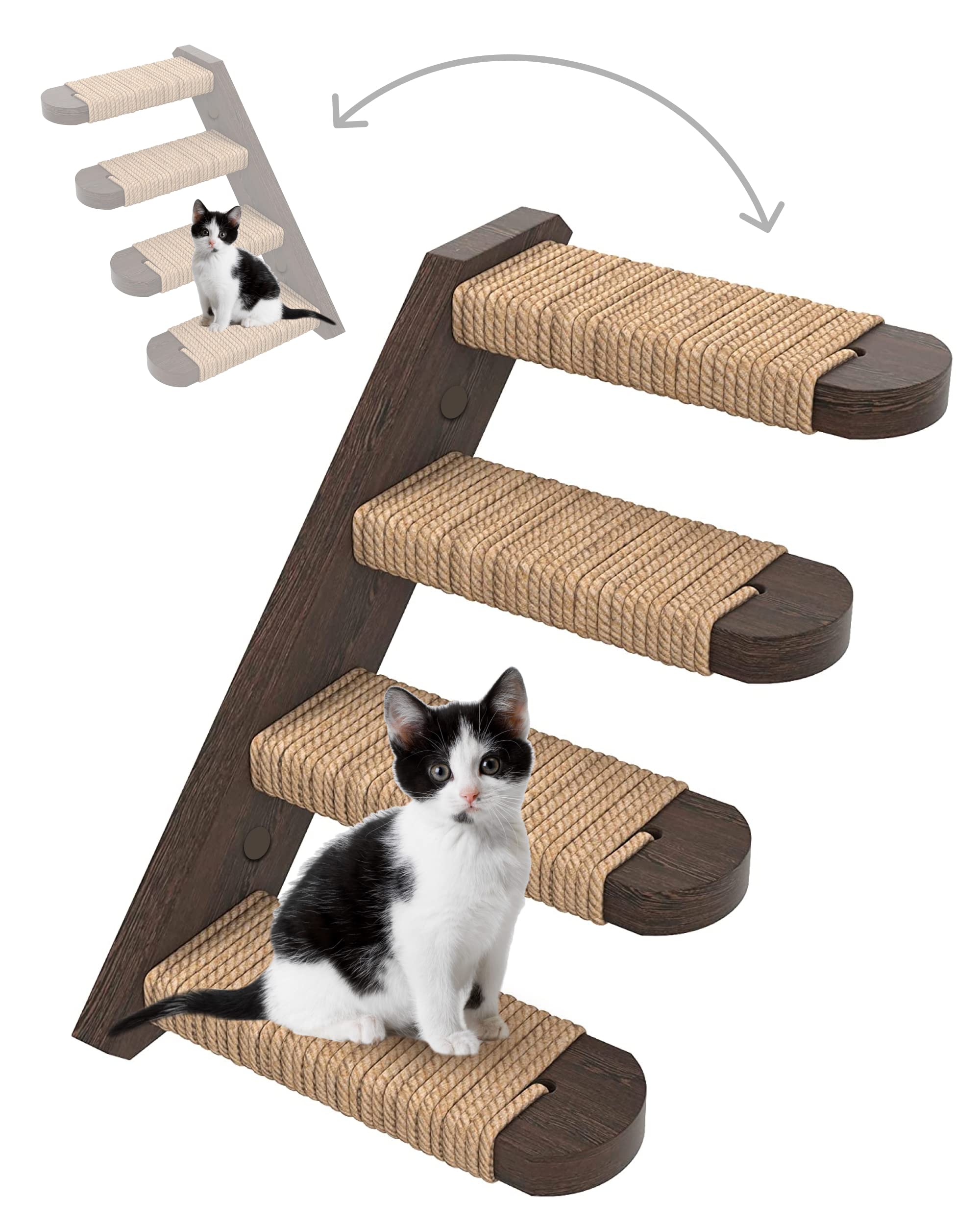 Skywin Cat Steps - Solid Rubber Wood Cat Stairs for Scratching & Climbing - Wall Mounted Cat Shelves for Playful Kittens (Brown) - Perfect for Small Spaces & Cat Furniture Enthusiasts