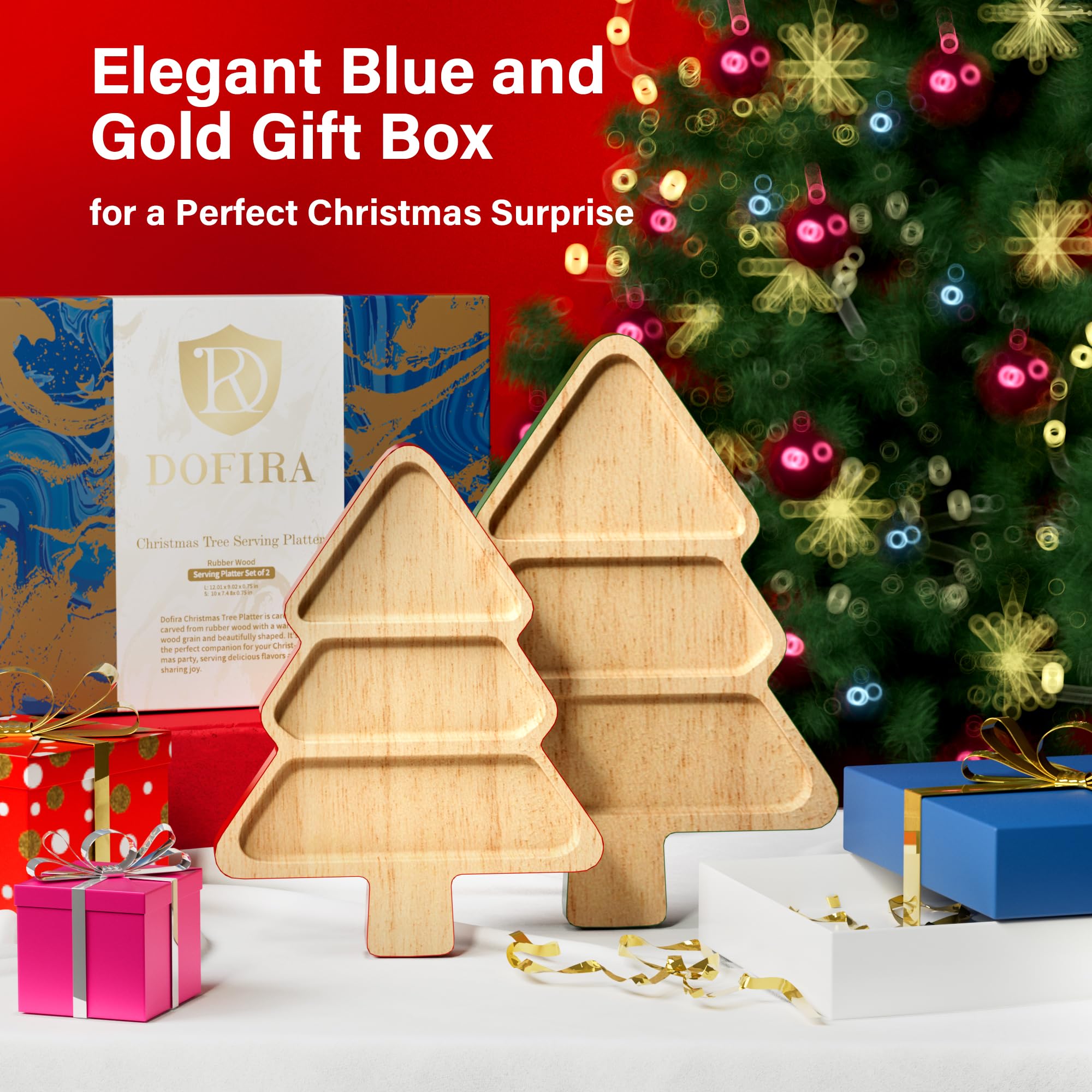 2-Piece Wooden Christmas Tree Shaped Serving Platter Set - Charcuterie Board for Cheese, Snacks & Desserts | Holiday Appetizer Tray with Gift Box - Perfect for Christmas Parties, Family Gatherings & Festive Entertaining