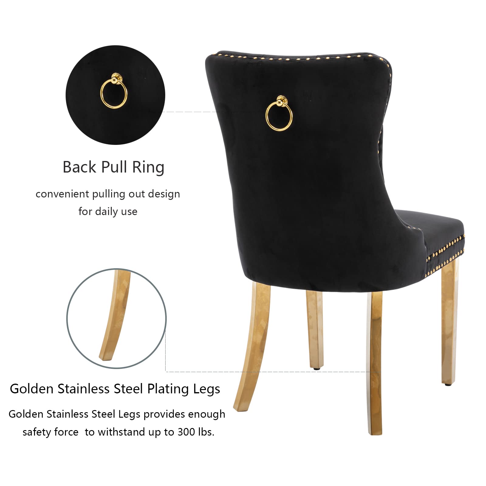 Black Velvet Dining Chairs Set of 4 - Modern Upholstered Kitchen & Dining Room Chairs with Gold Stainless Steel Legs & Ring Pull Trim - Elegant Seating for Home, Restaurant, and Office Use