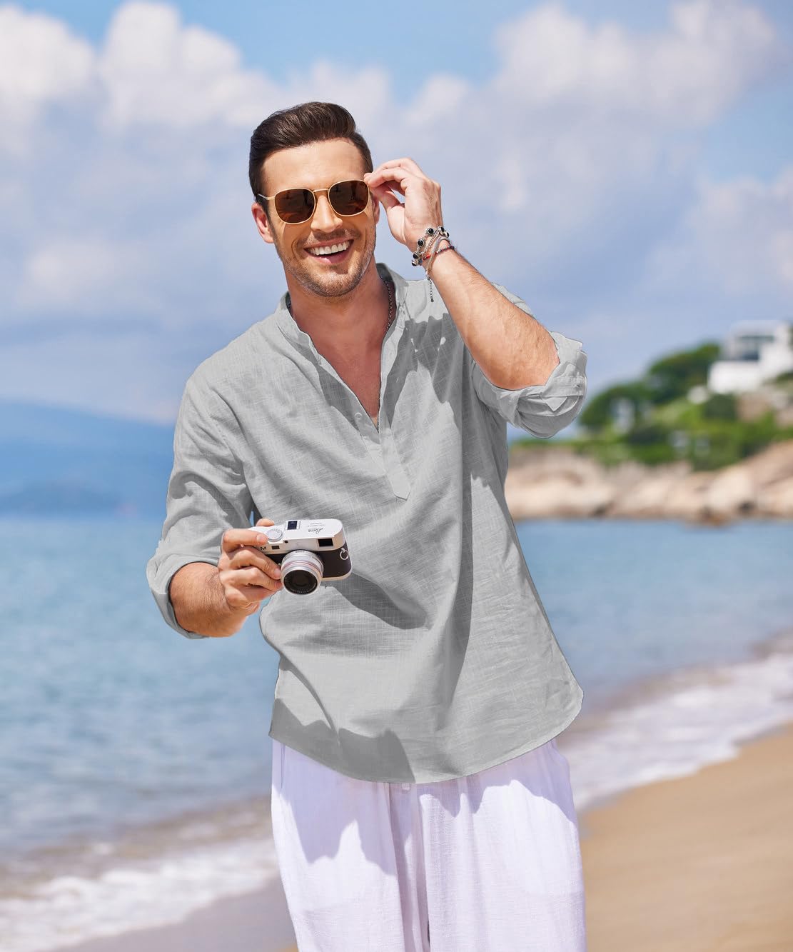 COOFANDY Men's Cotton Linen Henley Shirt - Long Sleeve Casual Beach T-Shirt for Men | Breathable Summer Shirt, Boho Style, Hippie Fashion | Perfect for Beach Outings, Music Festivals & Casual Wear