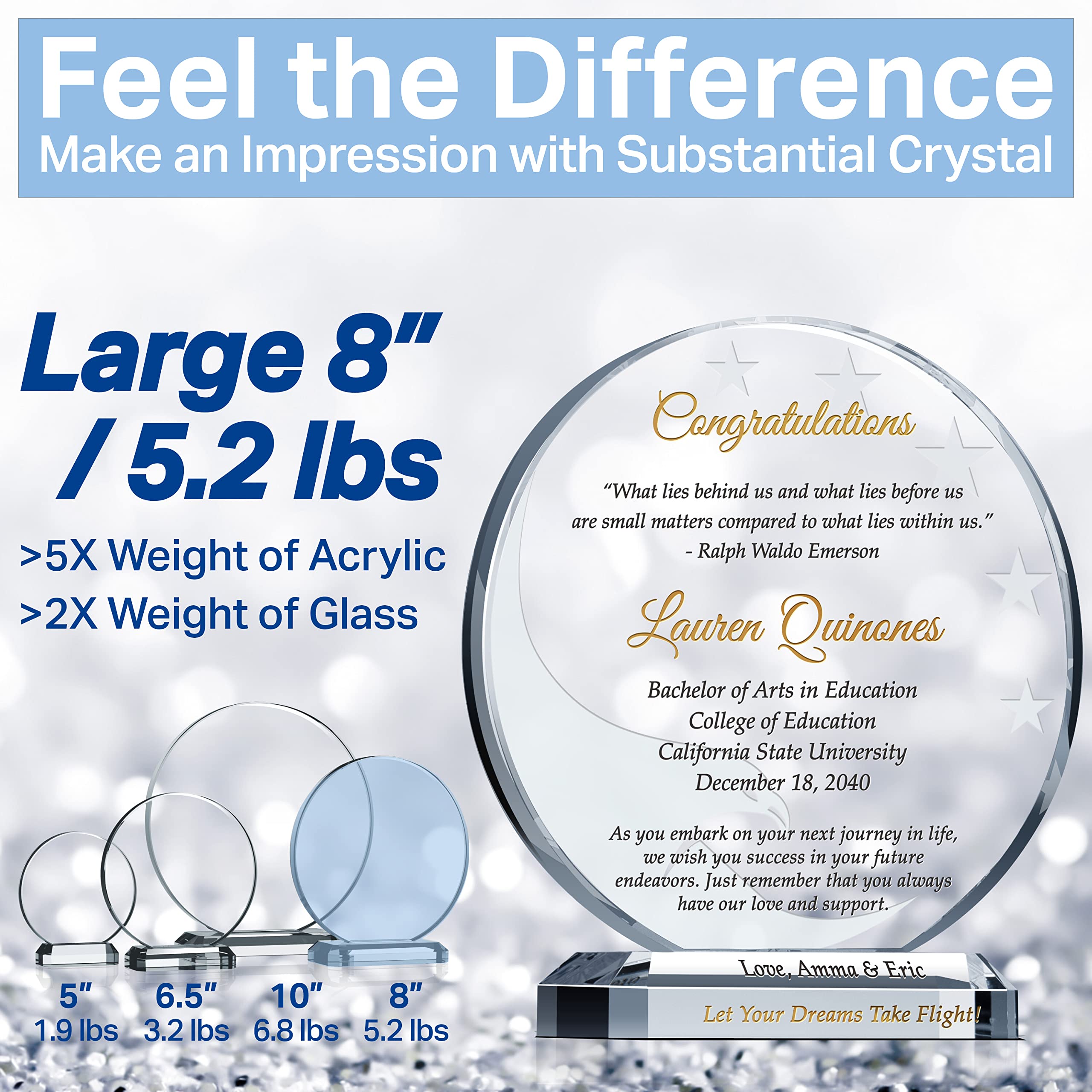 Personalized Crystal Graduation Plaque - Custom Engraved with Name, Degree & School - Unique Gift for Graduates (6.5 Inch) - Perfect for Son, Daughter, Siblings & Relatives - Ideal for Office Display, Home Decor & Commemorative Keepsake