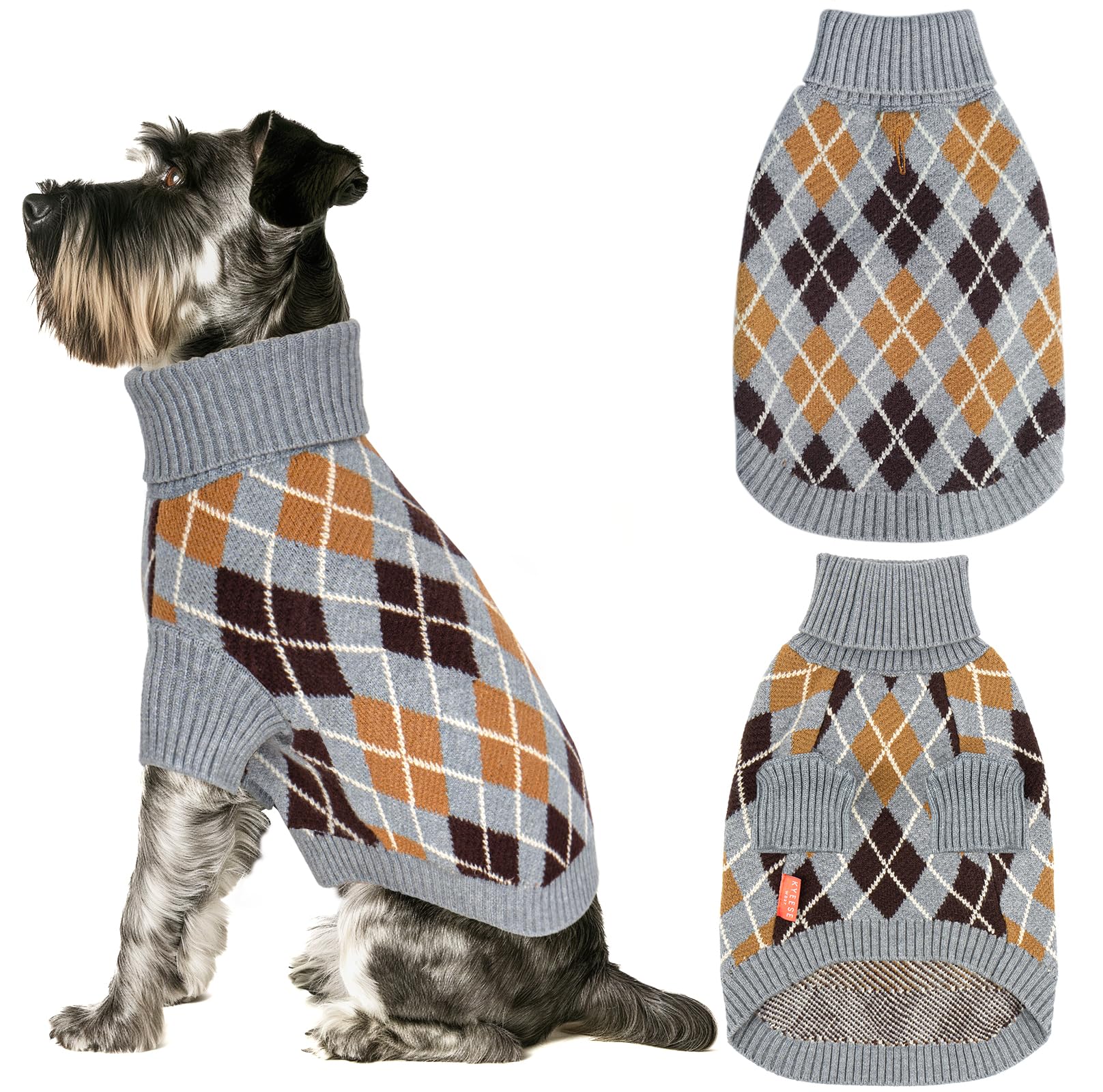 KYEESE Long Sleeve Turtleneck Dog Sweater - Diamond Plaid Pattern Warm Winter Coat for Small & Medium Dogs (Gray, X-Large) - Perfect for Cold Weather Walks and Indoor Comfort