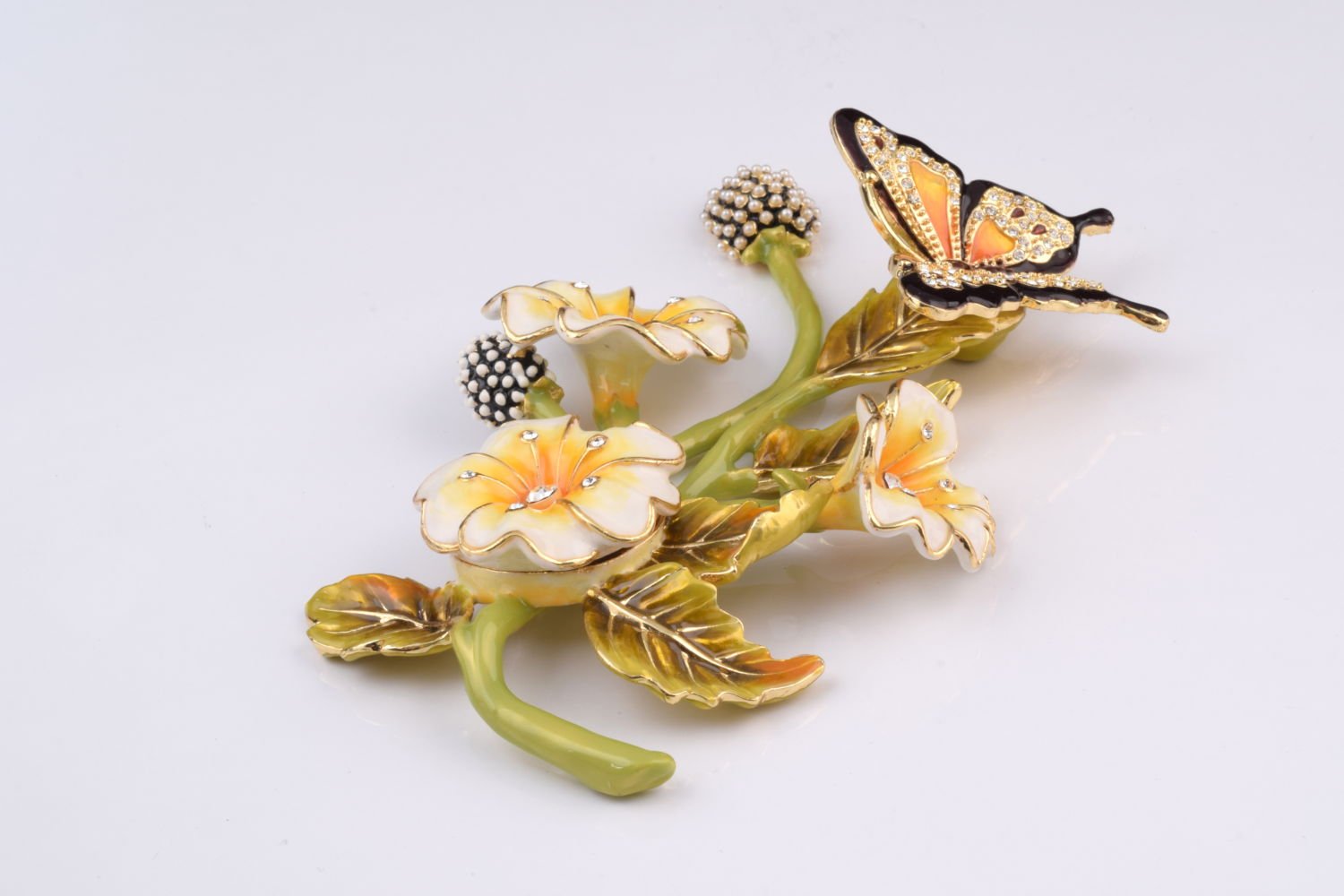 Exquisite Faberge-Style Butterfly on Branch with Flowers Trinket Box - Elegant Home Decor Jewelry Storage for Vanity, Gift, or Display
