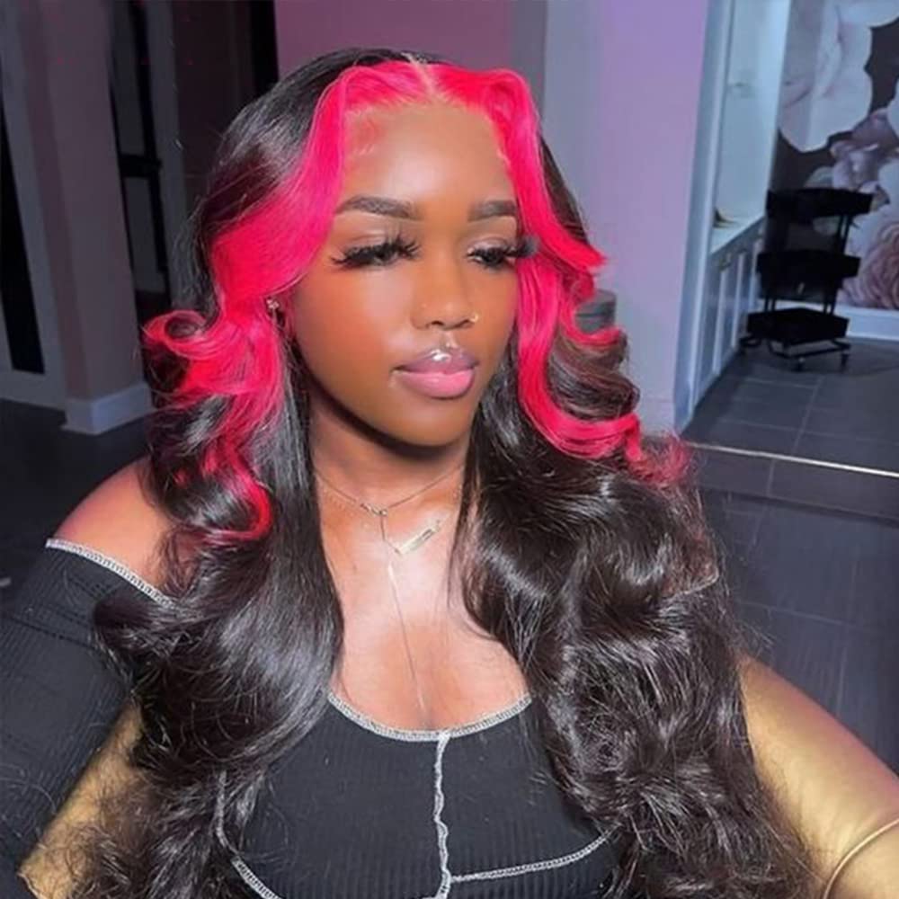 13x4 HD Lace Front Wig - Pink & Red Skunk Stripe Human Hair Wigs for Black Women | Brazilian Virgin Hair with Pre-Plucked Baby Hair | 26 Inch | Perfect for Cosplay, Parties & Fashion Looks