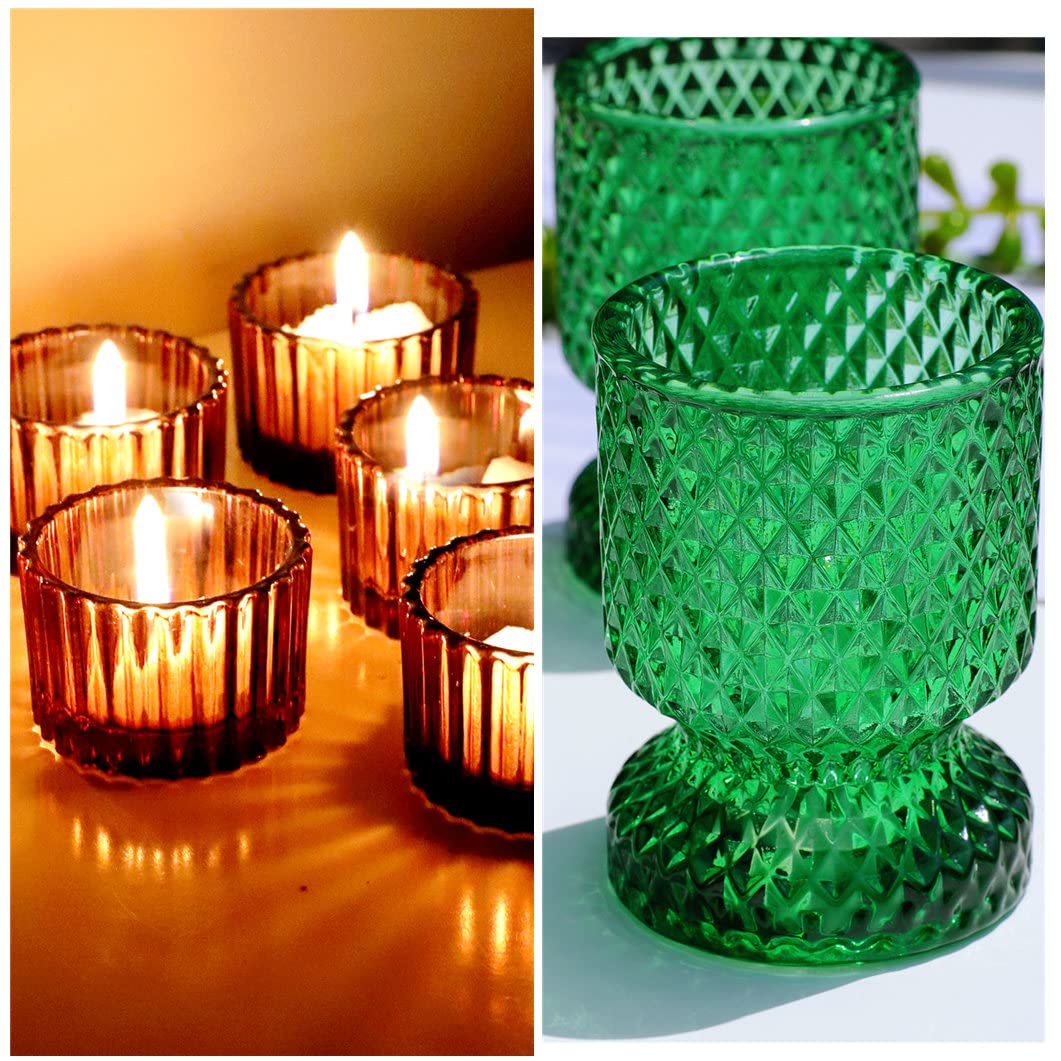 Elegant Tealight Candle Holder in Amber & Green - Glass Votive Candle Holders for Home Decor, Wedding Centerpieces, Romantic Dinner Ambiance