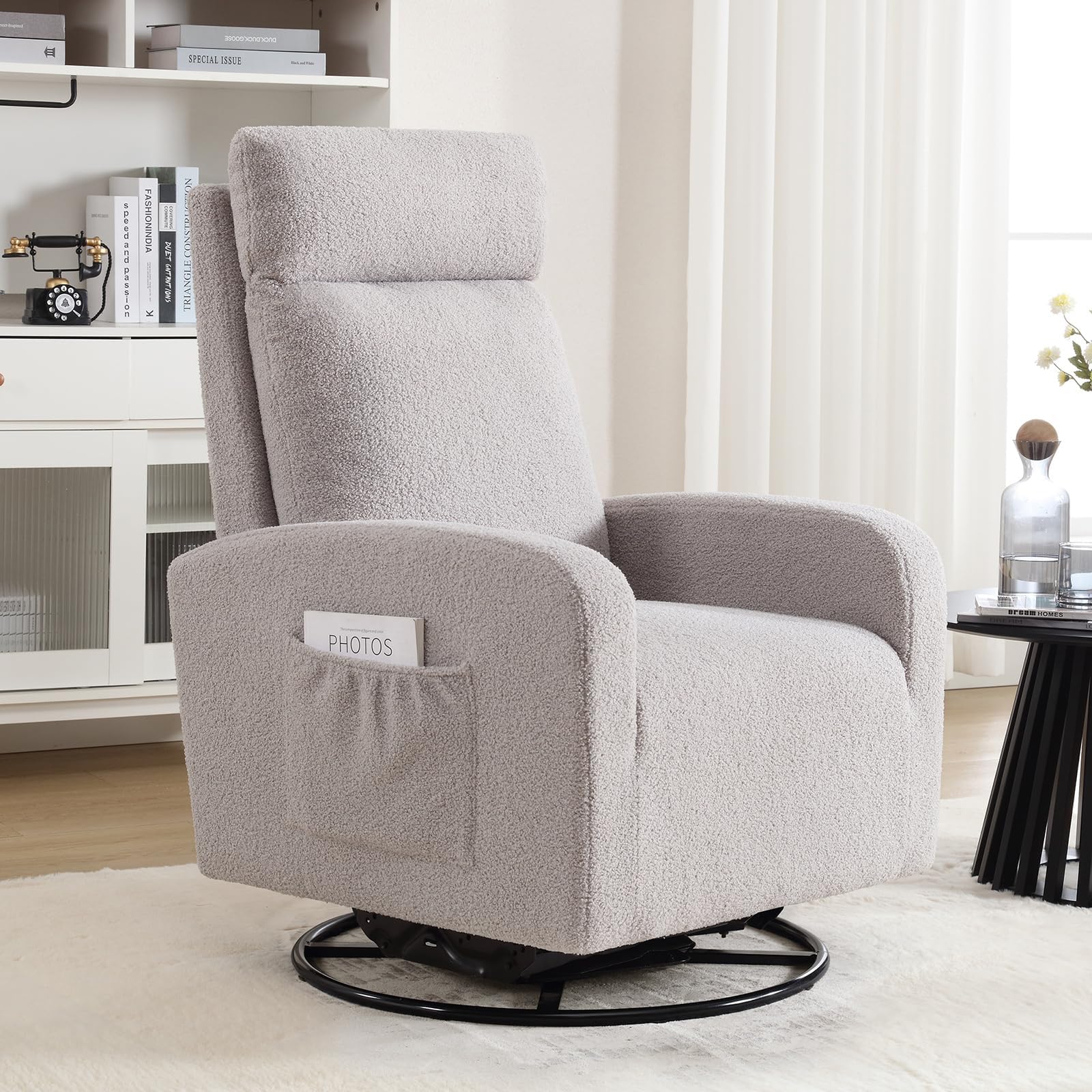 360° Swivel Glider Rocking Chair for Nursery - High Back Upholstered Nursing Chair with Side Pocket | Comfortable Rocker Recliner for Adults in Living Room, Bedroom & Reading Nook (Teddy Grey) - Perfect for Breastfeeding, Relaxing and Nursery Decor