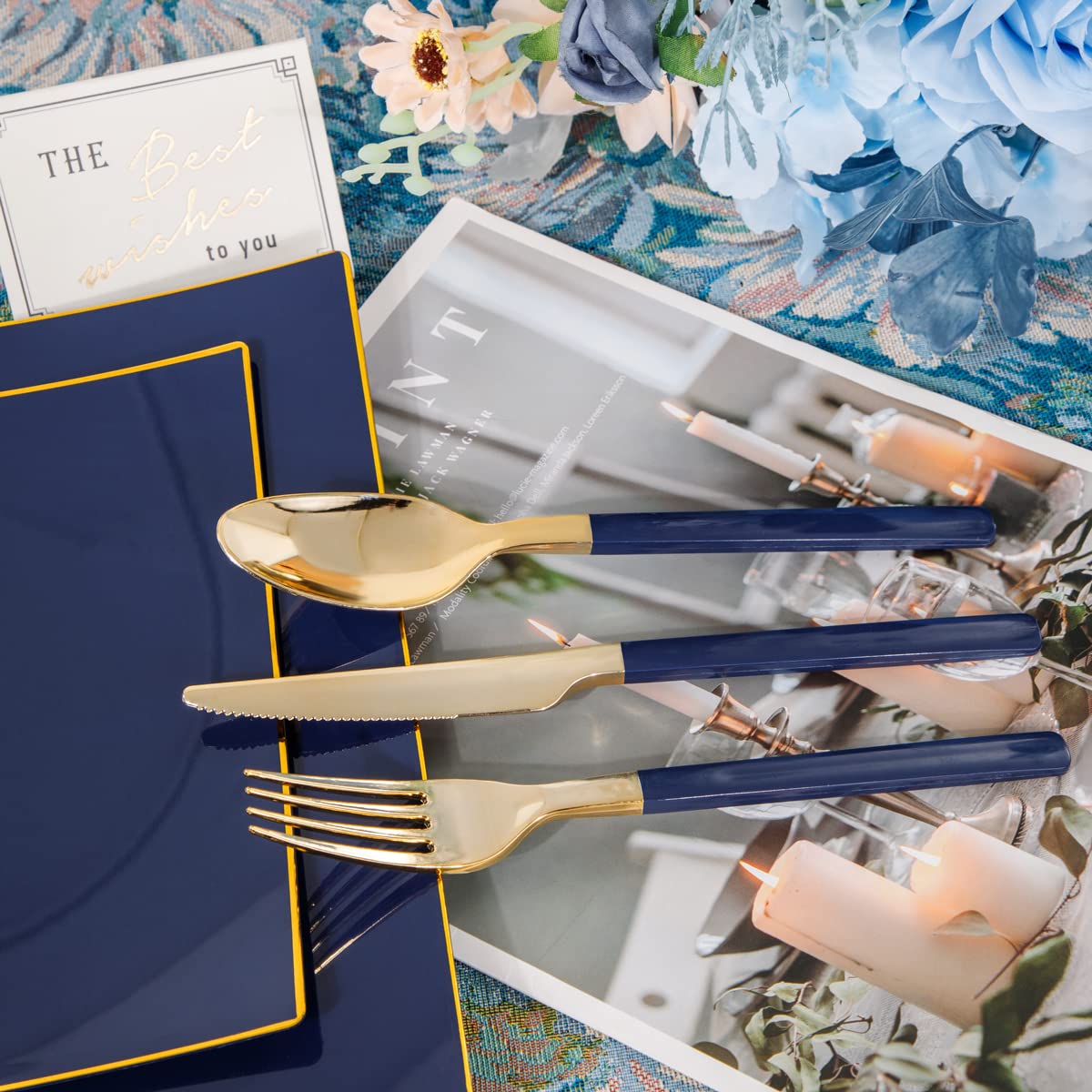 140-Piece Blue Plastic Dinnerware Set - Disposable Gold Square Plates, 20 Dinner Plates, 20 Dessert Plates, 20 Knives, 20 Forks, 20 Spoons, 20 Napkins & 20 Cups - Elegant Tableware for Weddings, Parties & Outdoor Events