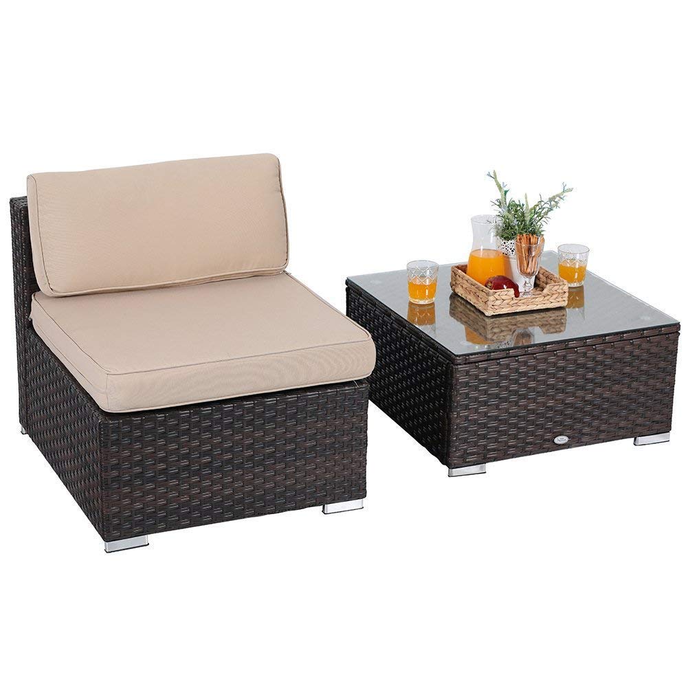 PHI VILLA 2-Piece All-Weather Outdoor Patio Furniture Set - Beige Wicker Sectional Sofa with Armless Chairs & Tempered Glass Table | Perfect for Backyard, Garden, Poolside & Balcony Relaxation