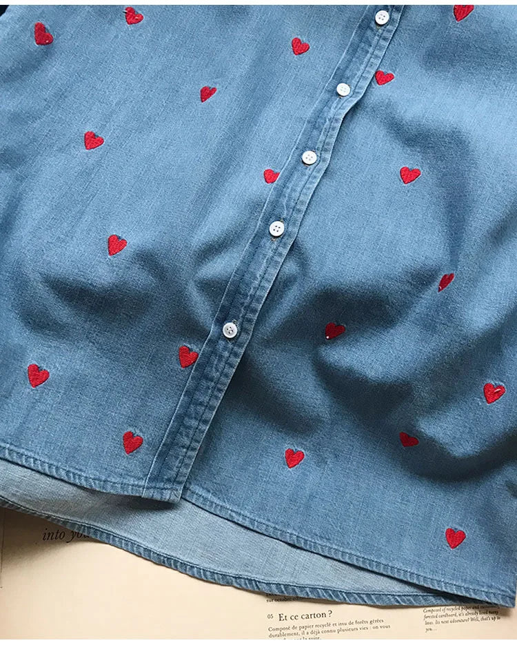 Women's Heart Embroidery Denim Shirt - Turn Down Collar Long Sleeve Blouse for Valentine's Day Gifts | Casual Wear, Date Night Outfit, Romantic Occasion Fashion