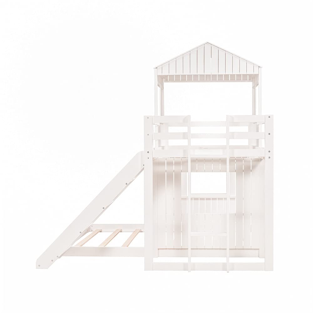 Wooden Twin Over Full Bunk Bed with Playhouse, Ladder & Slide - Farmhouse Style Kids Loft Bed with Safety Guardrails - No Box Spring Needed (White) - Perfect for Small Bedrooms, Playrooms & Sleepovers