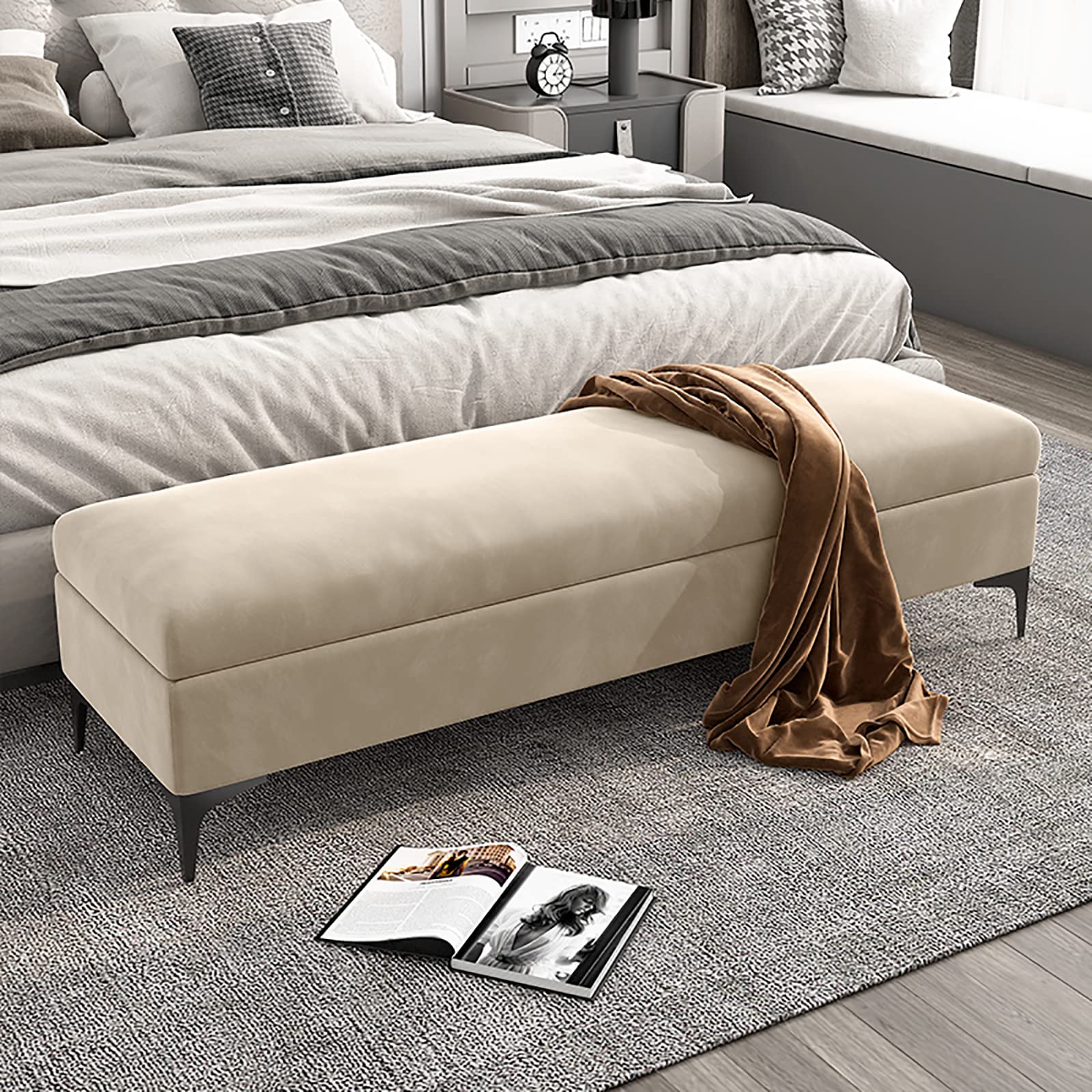 Luxury Velvet Storage Bench - Upholstered Rectangular Ottoman Footrest Stool for Bedroom, Livingroom & Entryway | Khaki Tufted Shoe Bench (60x40x43cm/24x16x17in) | Perfect for Bed End, Hallway Storage & Home Decor