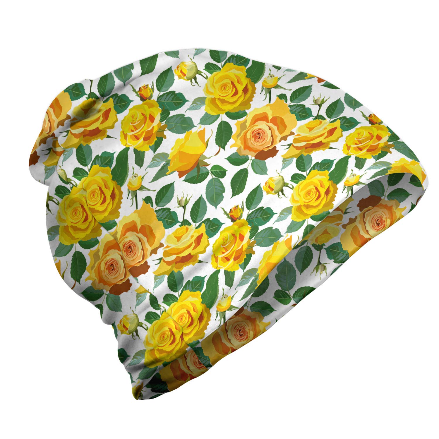 Ambesonne Unisex Beanie - Soft Winter Hat with Yellow Rose Floral Pattern for Men & Women | Warm Knit Beanie for Hiking, Camping & Outdoor Activities in Cold Weather