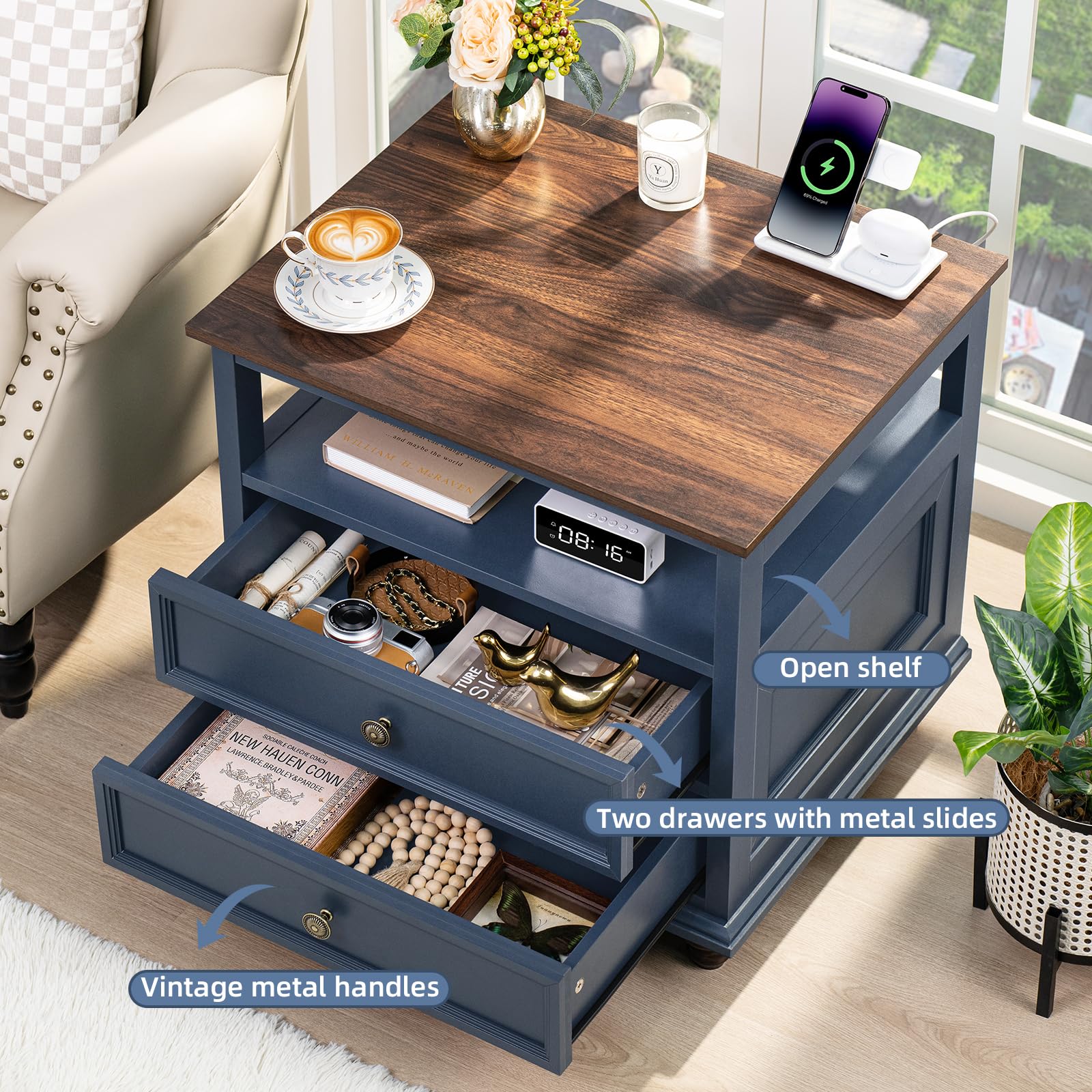 Farmhouse Nightstand with USB Charging Station, 24