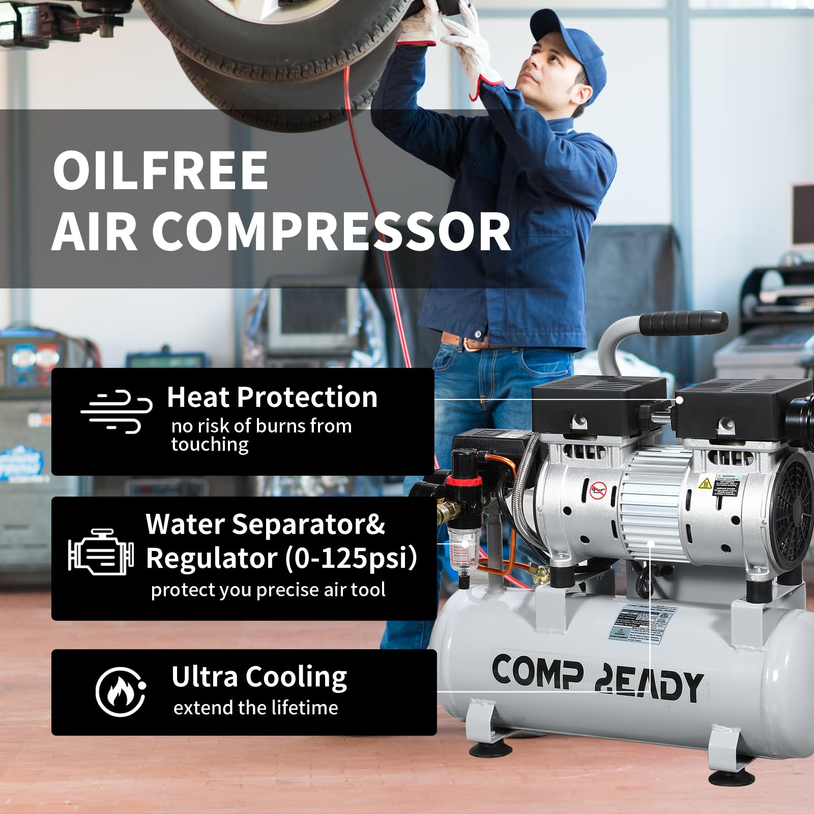 8 Gallon Portable Air Compressor 1HP 2.5 CFM@90PSI - Ultra Quiet 60dB Oil-Free Air Pump for Tires, Pneumatic Tools & Spray Painting - Perfect for Home Garage, Auto Repair & DIY Projects