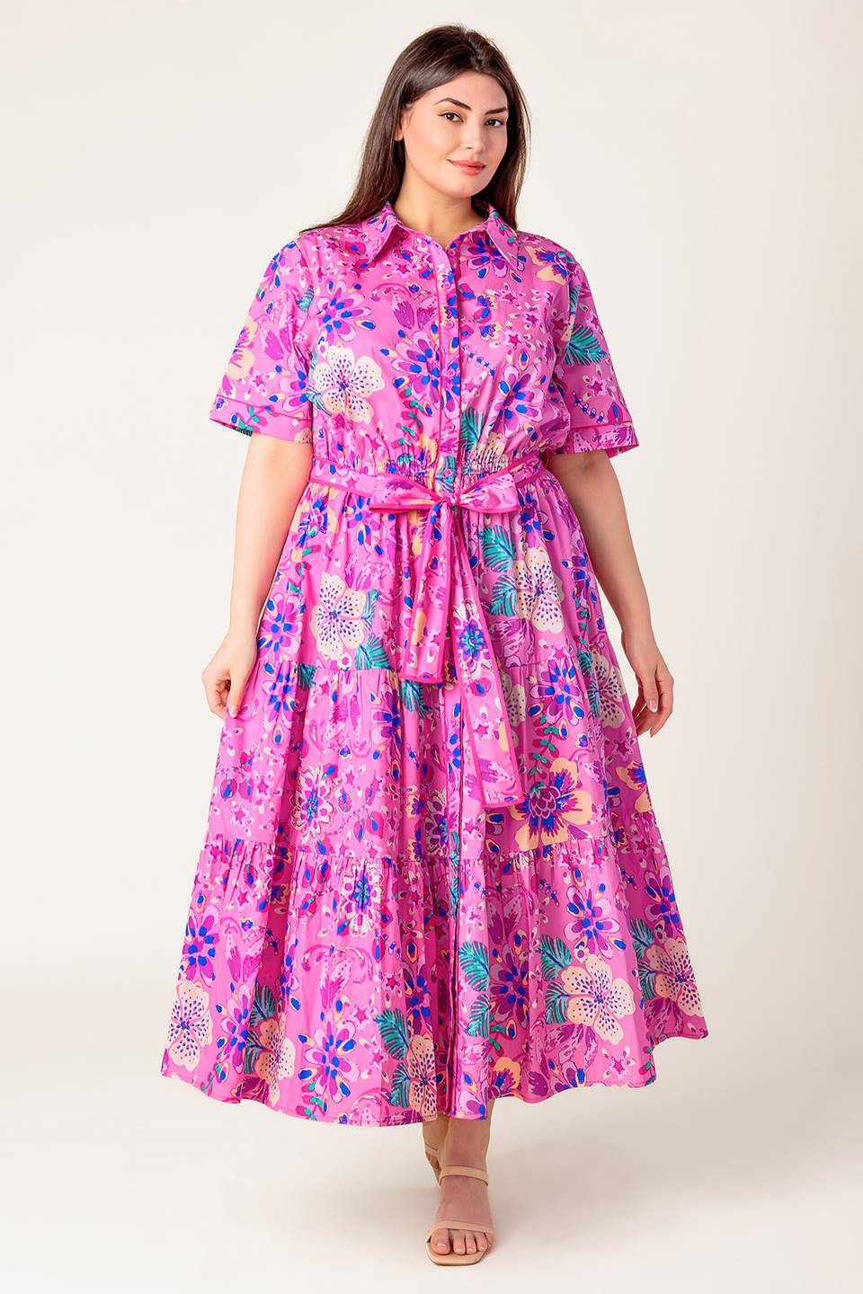 Pink & Purple Floral Midi Dress for Women - Elegant Petal Press Design - Perfect for Spring, Summer, Weddings & Special Occasions