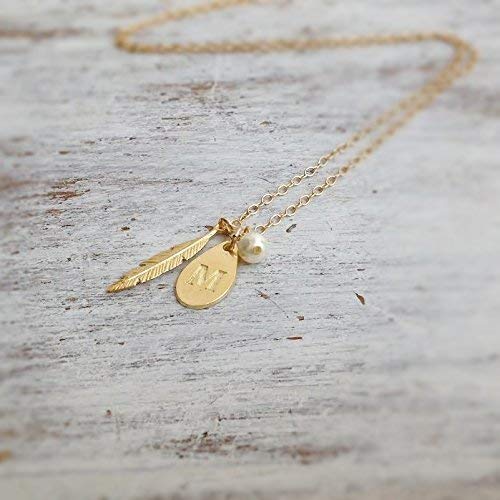 Personalized Initial Necklace with Pearl & Feather Pendant - 14K Gold Jewelry for Women - Perfect Gift for Birthday, Anniversary & Valentine's Day