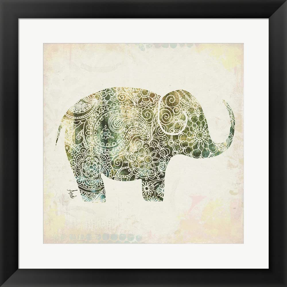 Boho Elephant I by Andi Metz - Framed Art Print with Flat Black Frame, 20x20 Inches - Perfect for Nursery, Living Room & Bohemian Home Decor