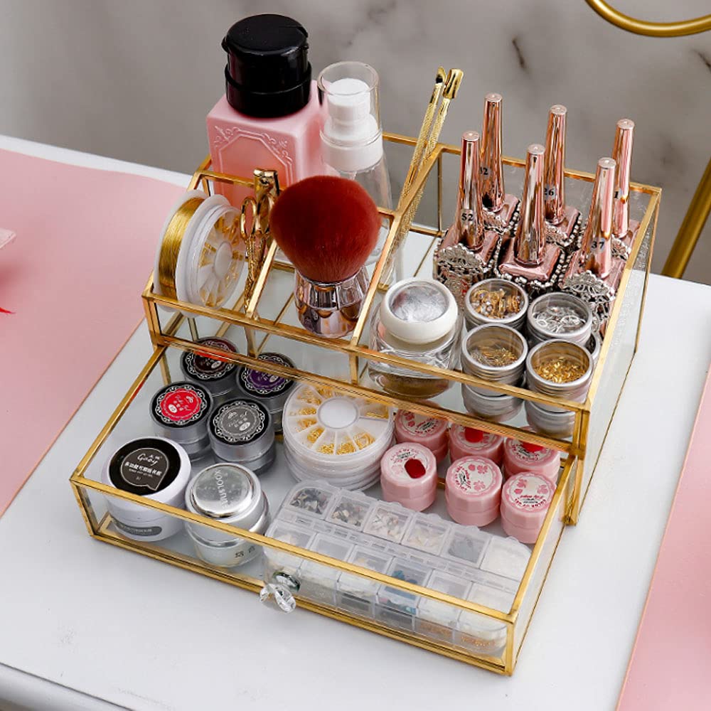 YUEHUA Clear Glass Makeup Organizer with Gold Trim - Brush, Jewelry, Nail Polish & Lipstick Holder for Vanity, Bathroom or Office | Stylish Cosmetic Storage & Display Case for Beauty Essentials