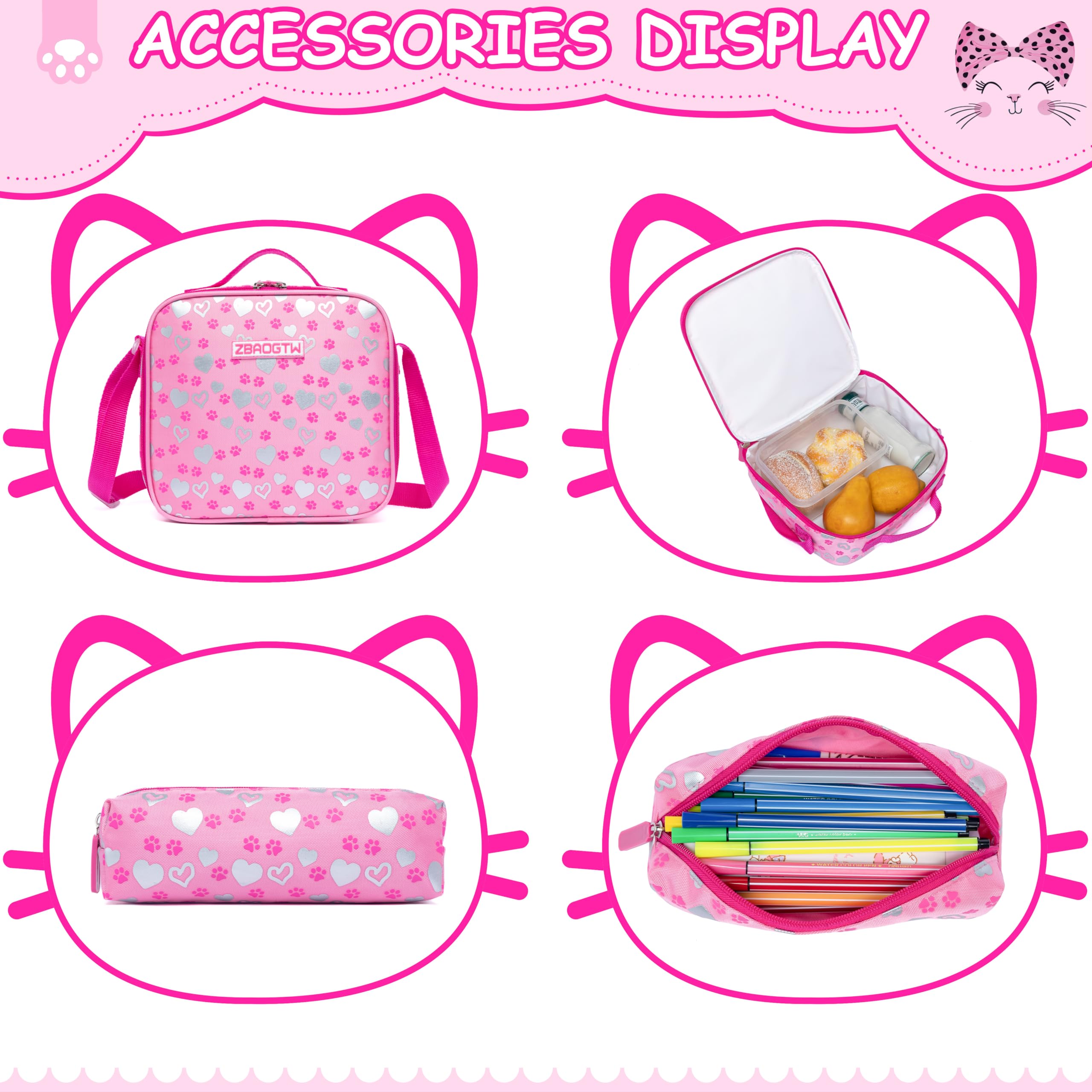 **Meetbelify Cute Cat Backpack for Girls - School Backpack with Lunch Box & Pencil Case, Elementary Student Bookbag for Kids Ages 6-8, Perfect for School, Travel & Daily Use**