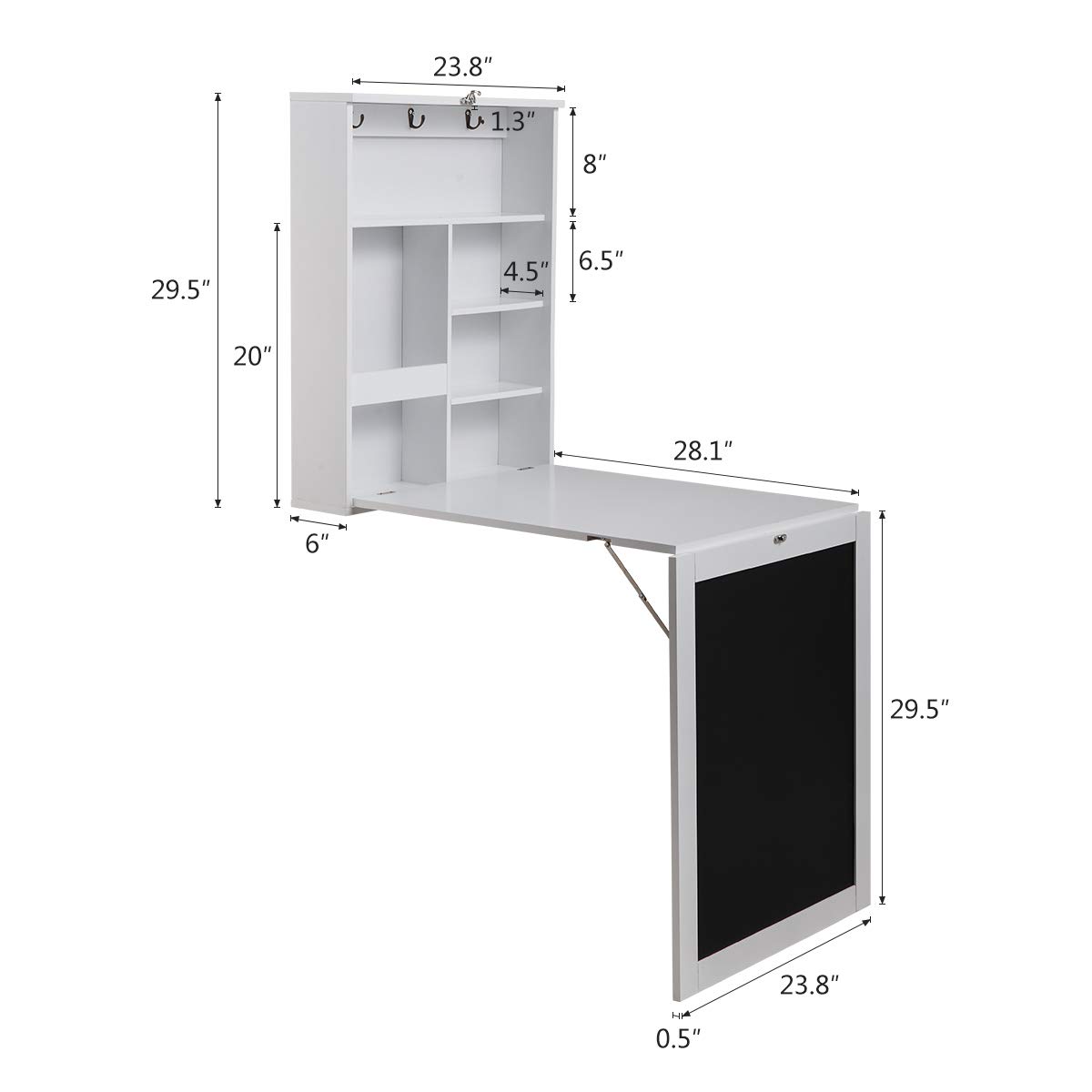 Foldable Wall Mounted Desk with Storage Compartments & Blackboard - Modern Floating Folding Workstation for Home Office, Living Room - White | Space-Saving Laptop Desk for Small Apartments & Dorm Rooms