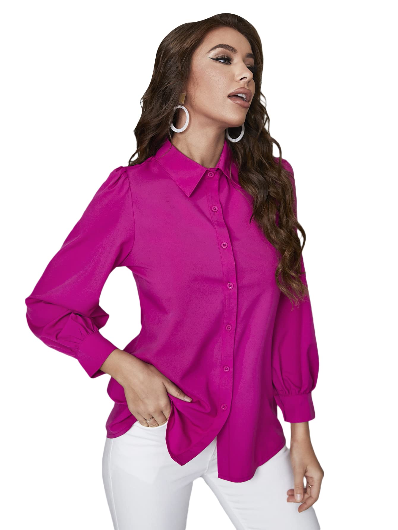 SOLY HUX Women's Puff Sleeve Long Sleeve Button Down Shirt - Office Blouse Tops for Work, Business Casual & Professional Outfits