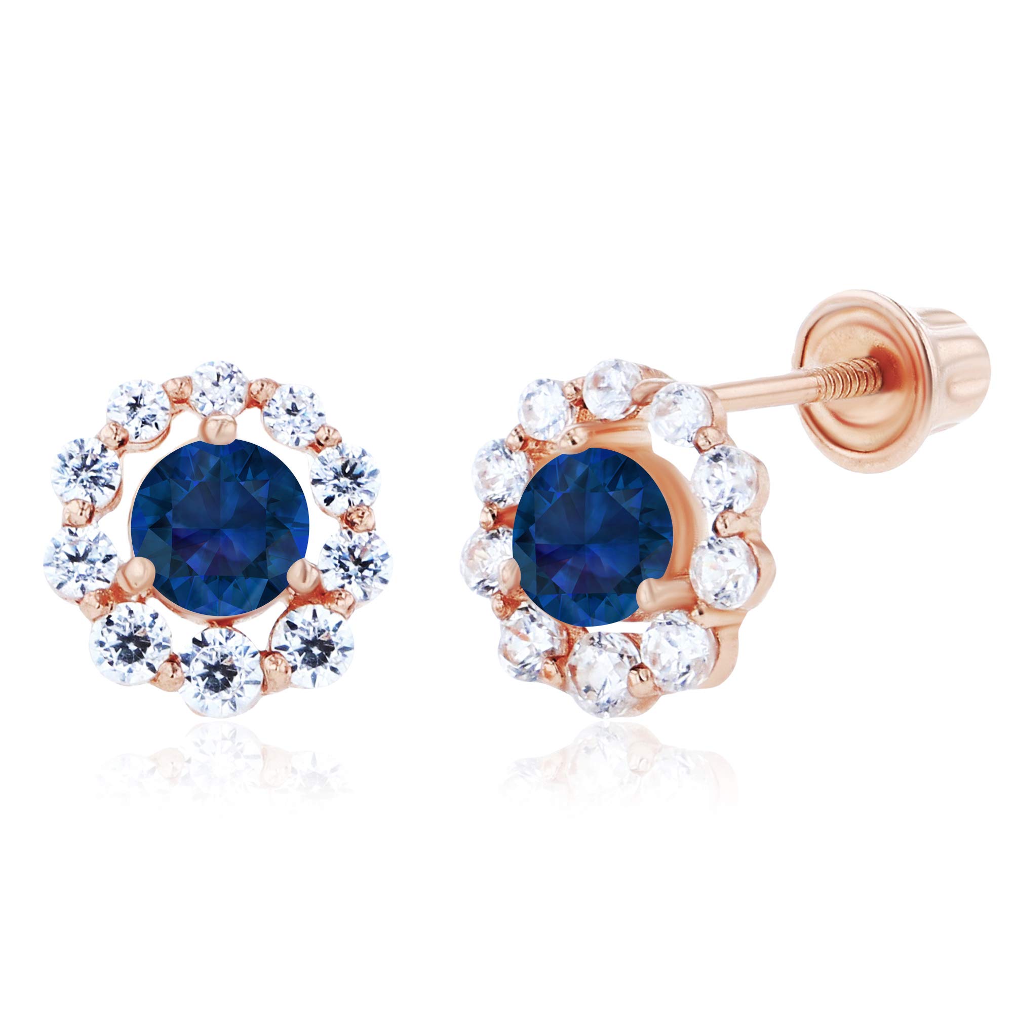 14K Solid Gold 6mm Halo Natural Birthstone Screwback Stud Earrings for Women | 3mm Round Birthstone | 1mm Created White Sapphire Halo Earrings | Perfect for Birthdays, Anniversaries, Mother's Day Gifts & Everyday Elegance