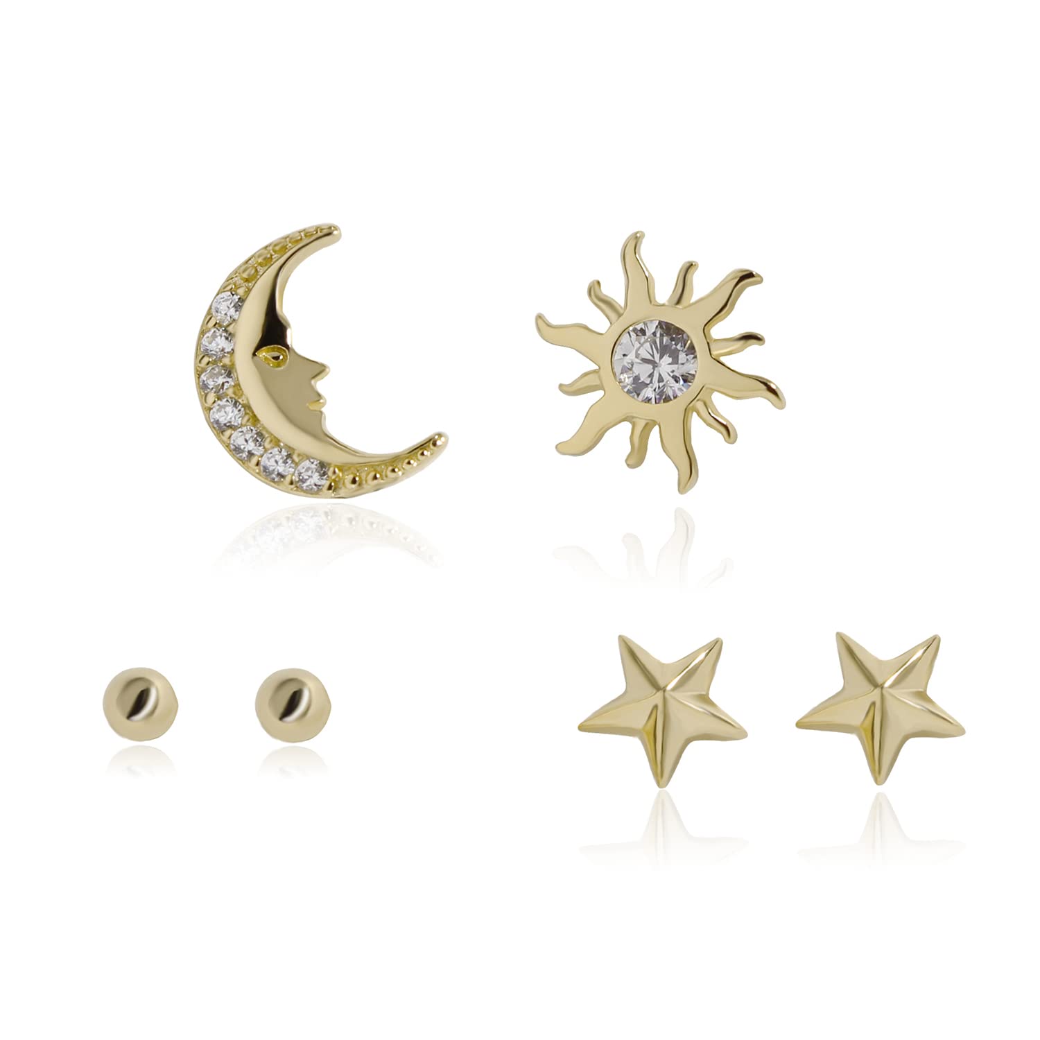 Hypoallergenic Sterling Silver Stud Earrings for Women - Cute Tiny Ball, Moon, Sun & Star Earring Set for Pierced Ears (Gold) | Perfect for Everyday Wear, Gift Giving & Special Occasions