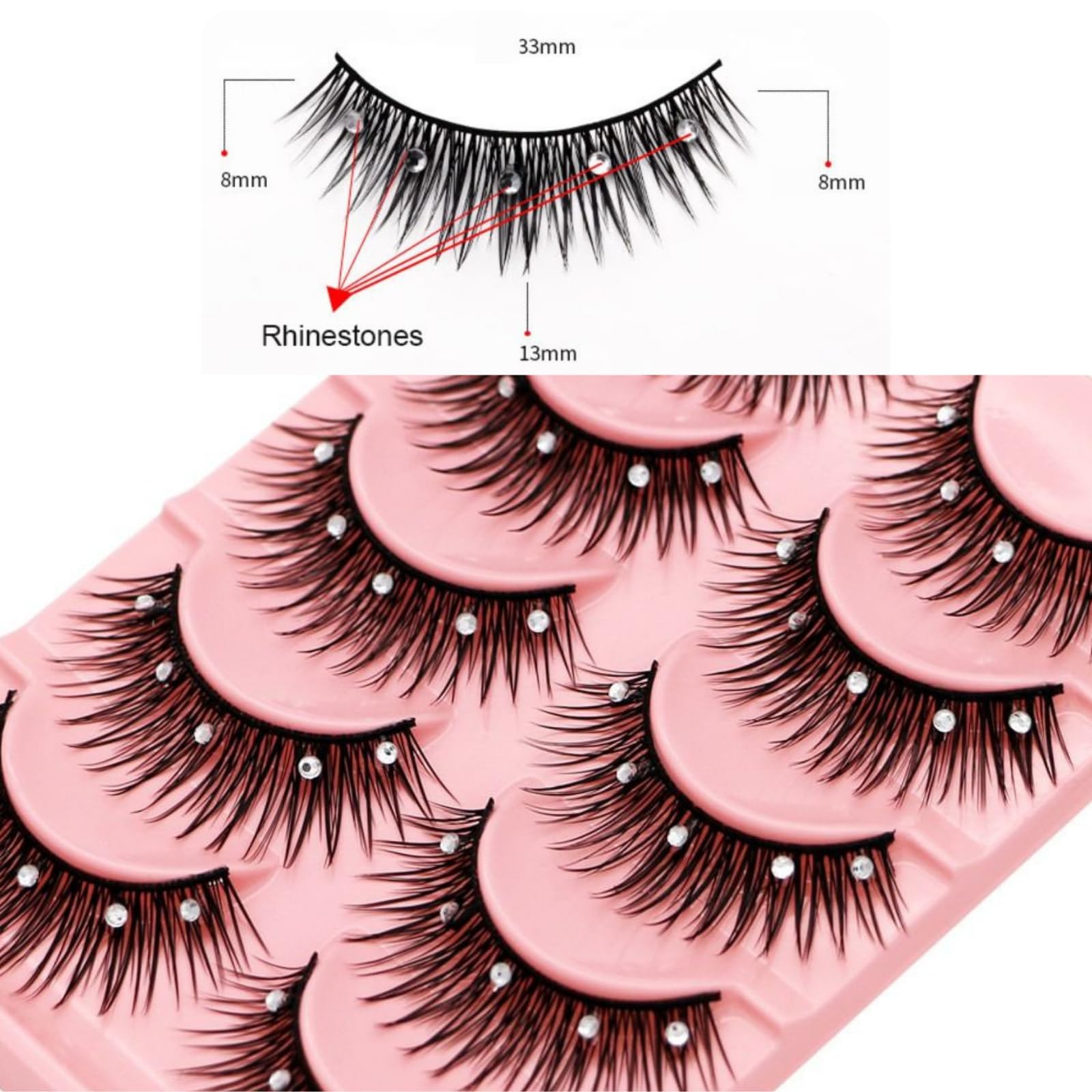 5 Pairs Glitter Lashes 3D Fluffy Natural Anime Eyelashes with Rhinestones - 13mm Dramatic Manga Lashes for Cosplay, Halloween, New Year Party & Stage Makeup (Black Stems) | Perfect for Costume Events, Photo Shoots & Special Occasions