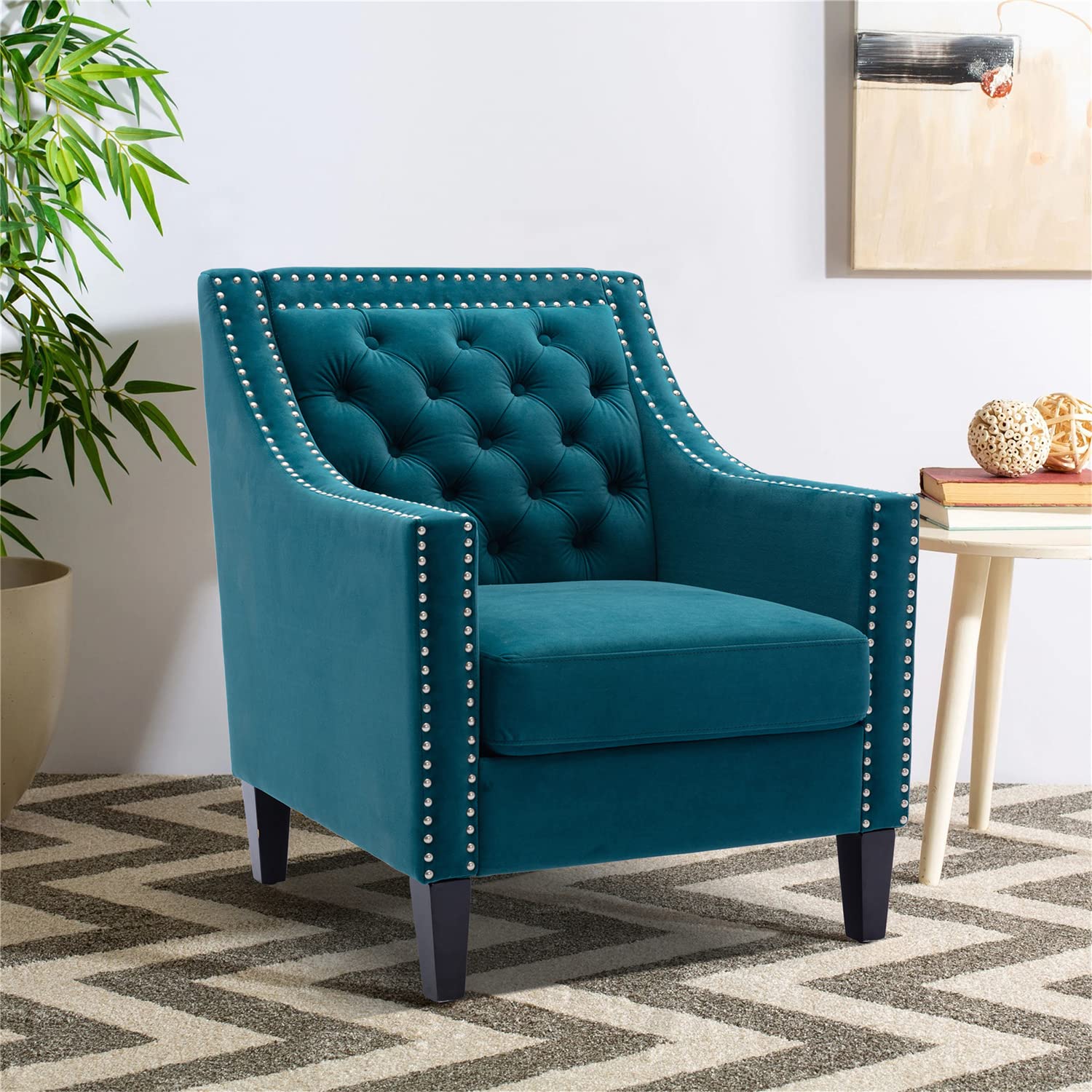 Modern Upholstered Vanity Chair with Button Tufting & Nailhead Trim - Solid Wood Legs Accent Chair for Living Room, Bedroom, Dining Room - Teal Blue Home Decor | Perfect for Makeup Vanity, Reading Nook & Guest Seating