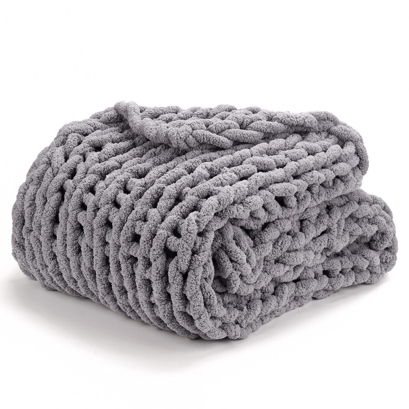 COYO.Power Chunky Knit Blanket - 52x70 Inches Oversized Chenille Throw Blanket | Super Soft Hand-Knit Wool Blanket for Couch, Bed & Sofa | Washable, Warm & Comfortable Boho Style Blanket in Grey