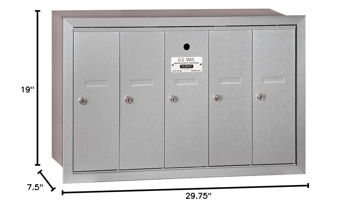 Salsbury Industries 3505ARU Recessed Mount Vertical Mailbox - 5-Door Aluminum USPS Approved Mailbox for Secure Mail Delivery | Ideal for Apartment Buildings, Office Complexes & Residential Communities