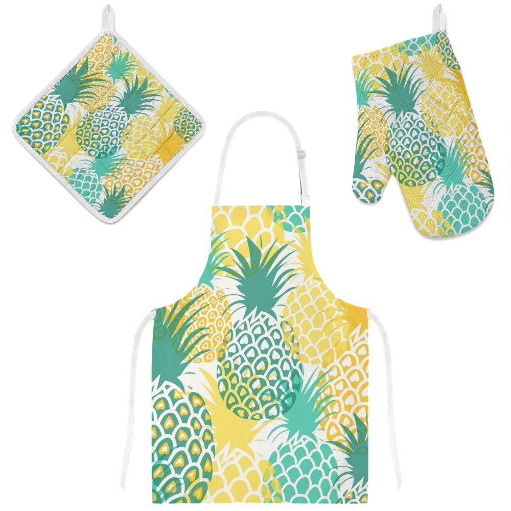 Funny Pineapple Adjustable Cooking Apron with Pockets, Oven Mitt & Pot Holder Set - 3-Piece Kitchen Gift for Baking, Grilling & Cooking at Home
