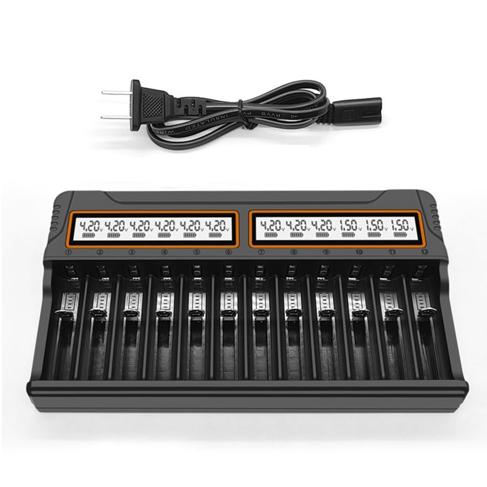 Ecaqlin 12-Slot Smart Universal Battery Charger for 18650, AA, AAA NiMH & Lithium Batteries with LCD Display - US Plug - Perfect for Home, Office, and Travel Use