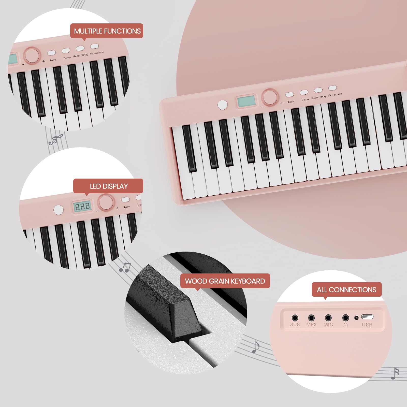 88-Key Portable Digital Piano Keyboard - Full Size, Semi-Weighted Keys with Touch Sensitivity | Bluetooth MIDI Controller | Includes Carrying Bag - Perfect for Home Practice, Studio Recording & Live Performances (Pink)