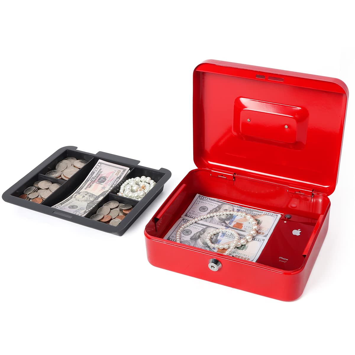 Lovndi Metal Cash Box with Money Tray & Lock - 9.84 x 7.87 x 3.54 Inch Secure Money Storage Box (Red) - Ideal for Small Businesses, Retail Stores & Home Safekeeping