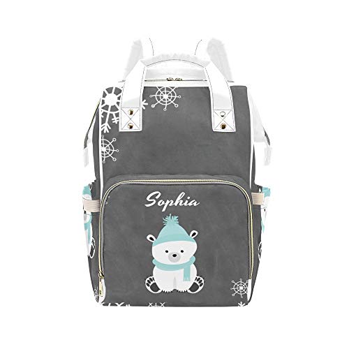 Custom Personalized Snowflake Bear Diaper Backpack - Adjustable Baby Nappy Bag for Moms, Nursing Tote & Shoulder Bag (Great Baby Shower Gift) - Perfect for Daycare, Travel & Hospital Visits