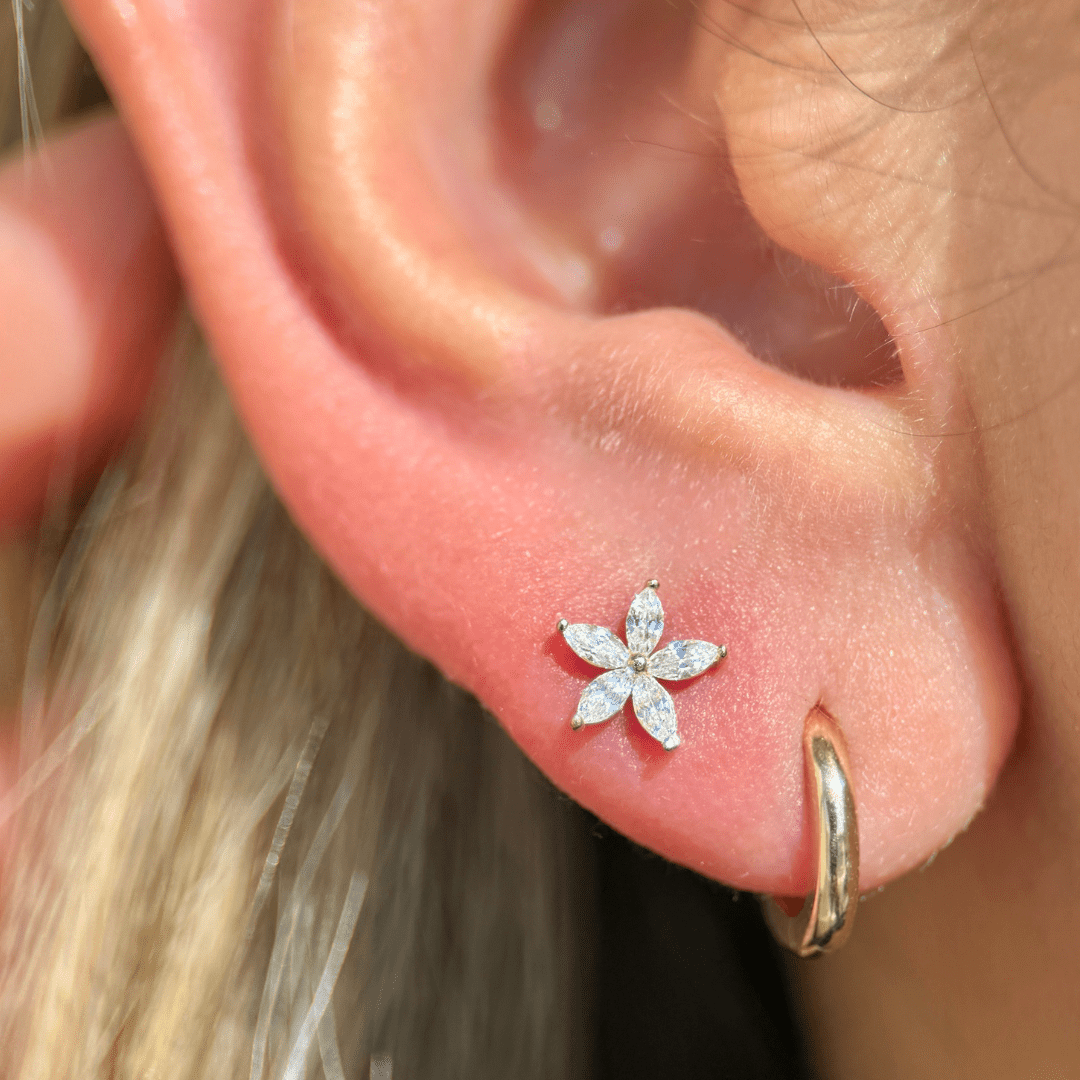 14k White Gold Marquise Flower Flat Back Earrings for Women - Elegant Dainty Studs for Daily Wear, Parties & Special Occasions