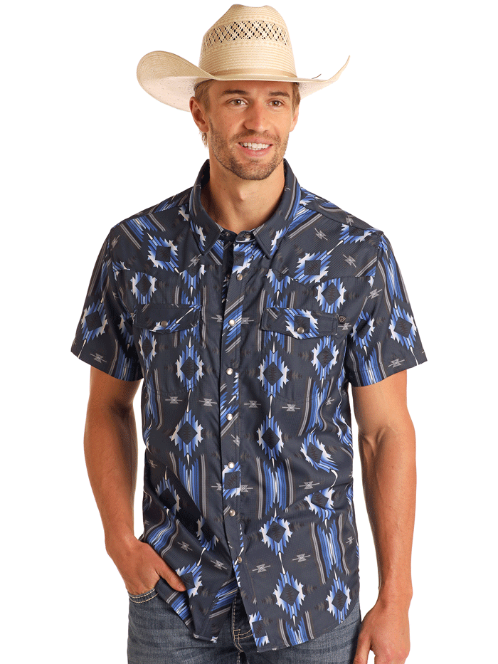 Rock & Roll Denim BMN3S05949 Men's Western Short Sleeve Aztec Print Shirt - Navy Blue Casual Button Up for Music Festivals & Summer Outfits