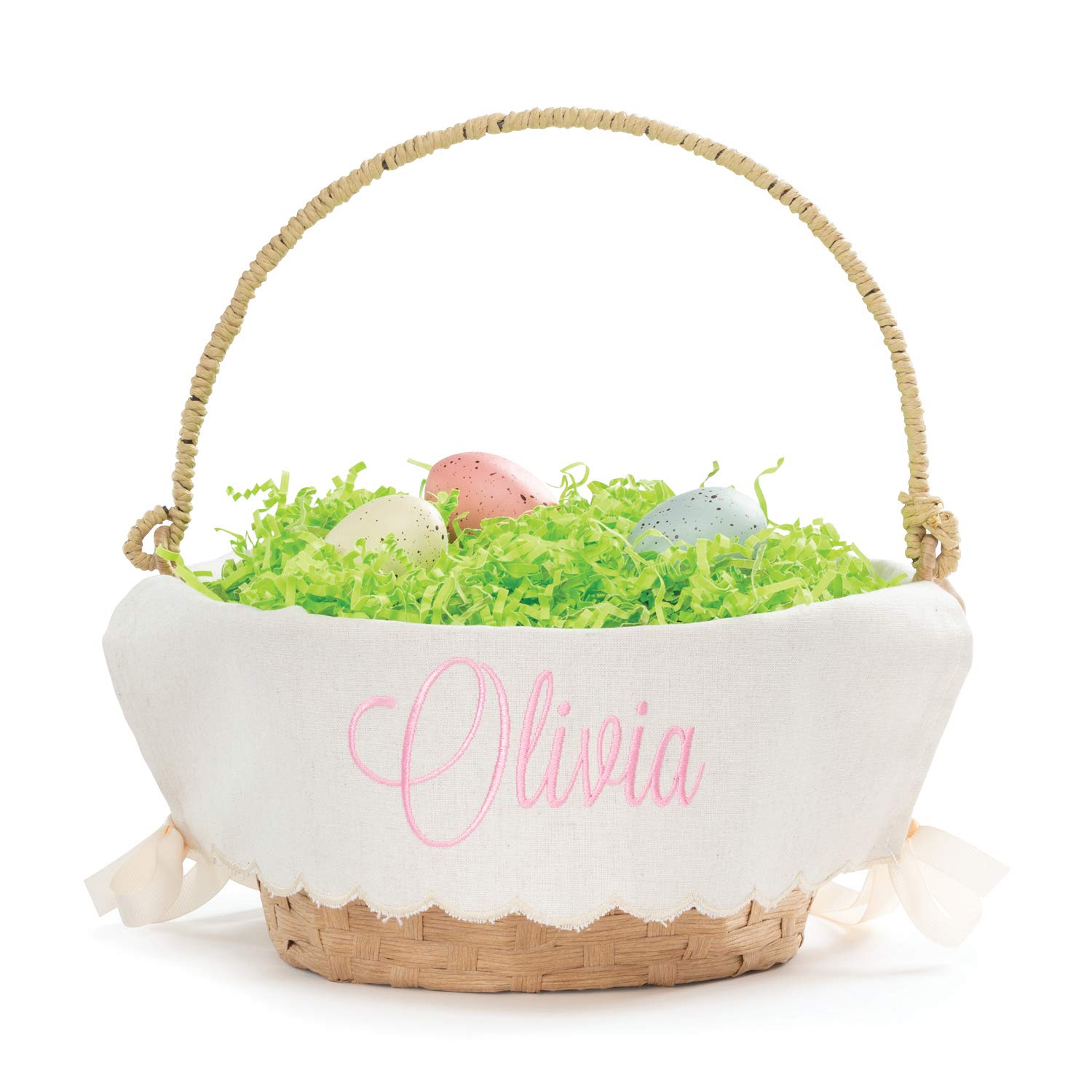 Personalized Easter Basket with Handle - Custom Name in Pink Script & Scallop Edge Linen Liner | Tan Woven Basket for Kids & Adults | Perfect for Easter Egg Hunts, Spring Decor & Gift Giving