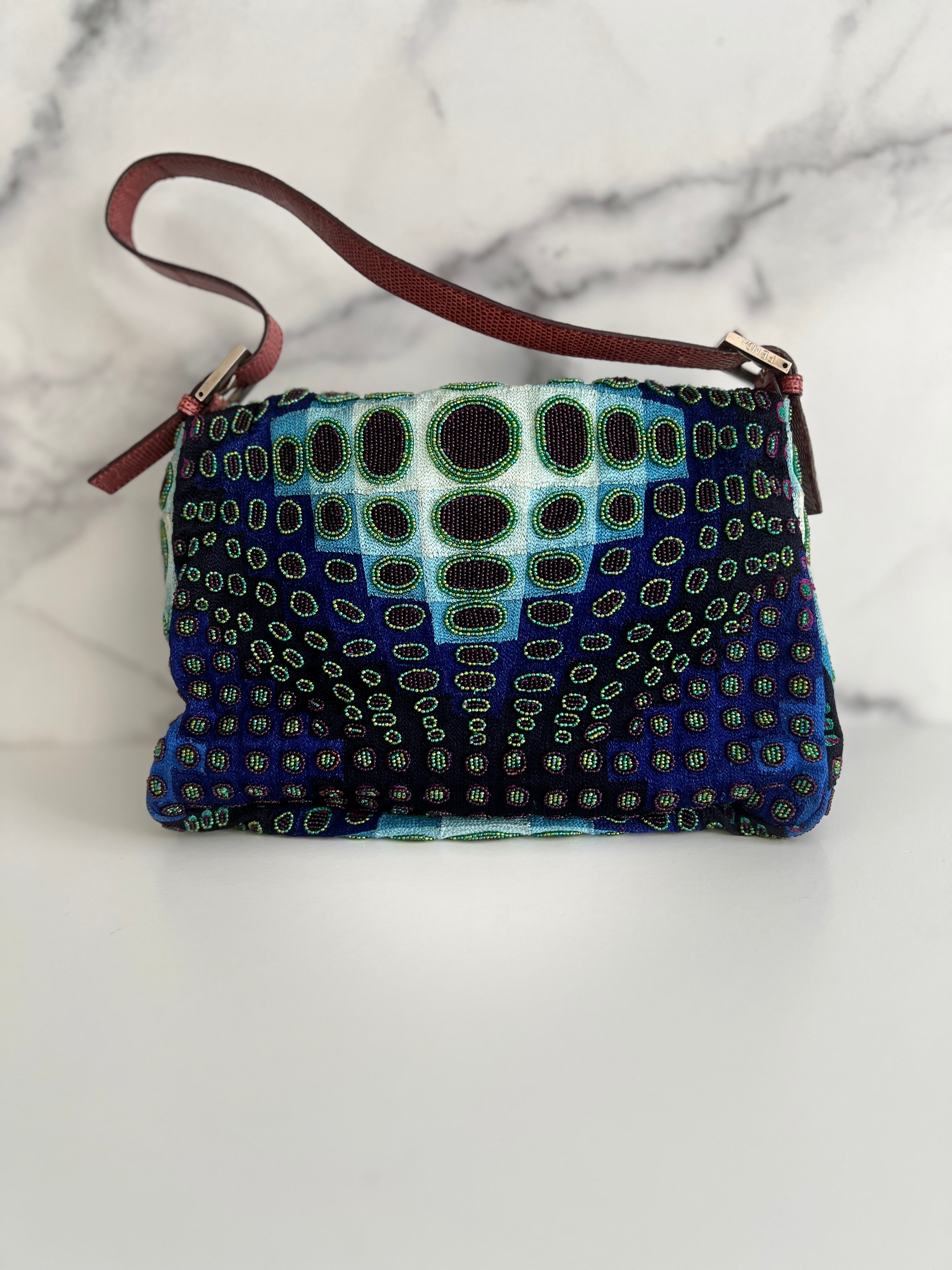 Fendi Mamma Size Deep Ocean Beaded Baguette Bag - Luxury Designer Crossbody Purse for Women, Perfect for Evening Parties & Special Occasions