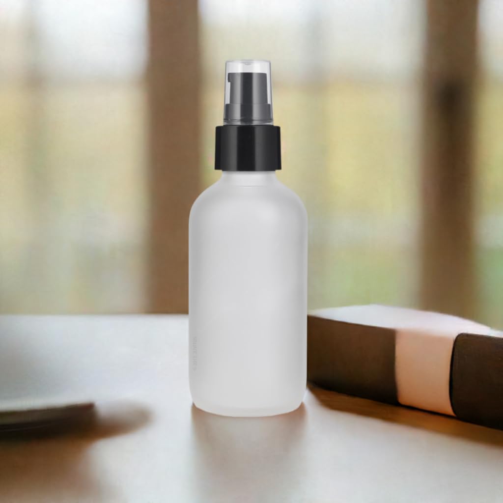 JUVITUS 4 oz Frosted Clear Glass Boston Round Bottle with Black Treatment Pump (6 Pack) + Funnel - Perfect for Essential Oils, Lotions, and DIY Beauty Products Storage