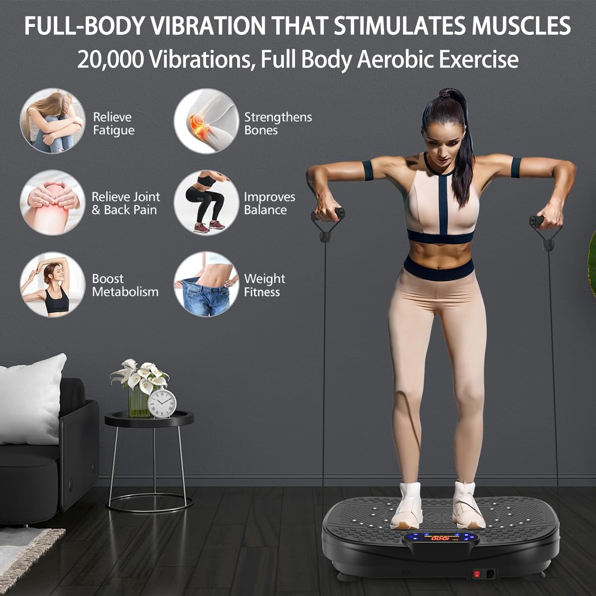 Whole Body Vibration Plate Exercise Machine with Resistance Bands - Adjustable Speed Home Fitness Platform for Weight Loss, Muscle Toning & Recovery | Perfect for Home Gym, Physical Therapy & Senior Workouts