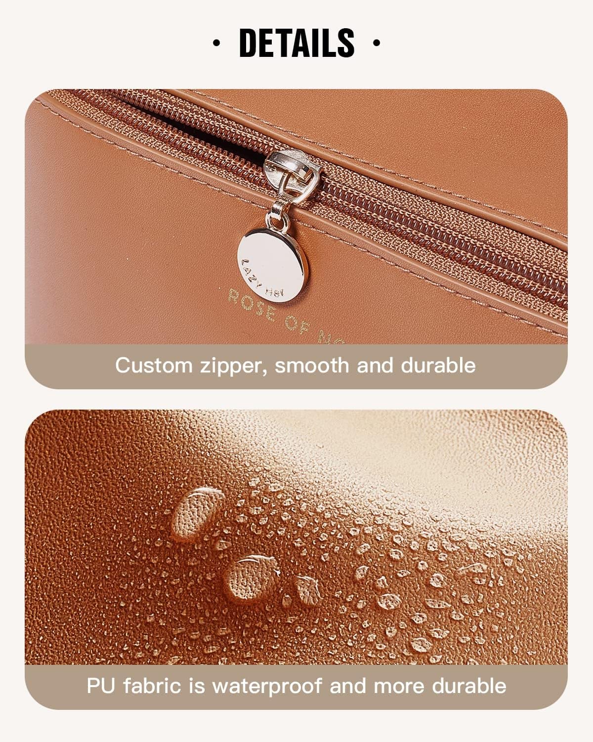 SKYFUN Large Capacity Waterproof Cosmetic Bag with Steel Zipper & Handle - Travel Makeup Organizer for Women, Portable Toiletry Case for Bathroom Storage (Brown, Large) - Perfect for Travel, Gym & Daily Use