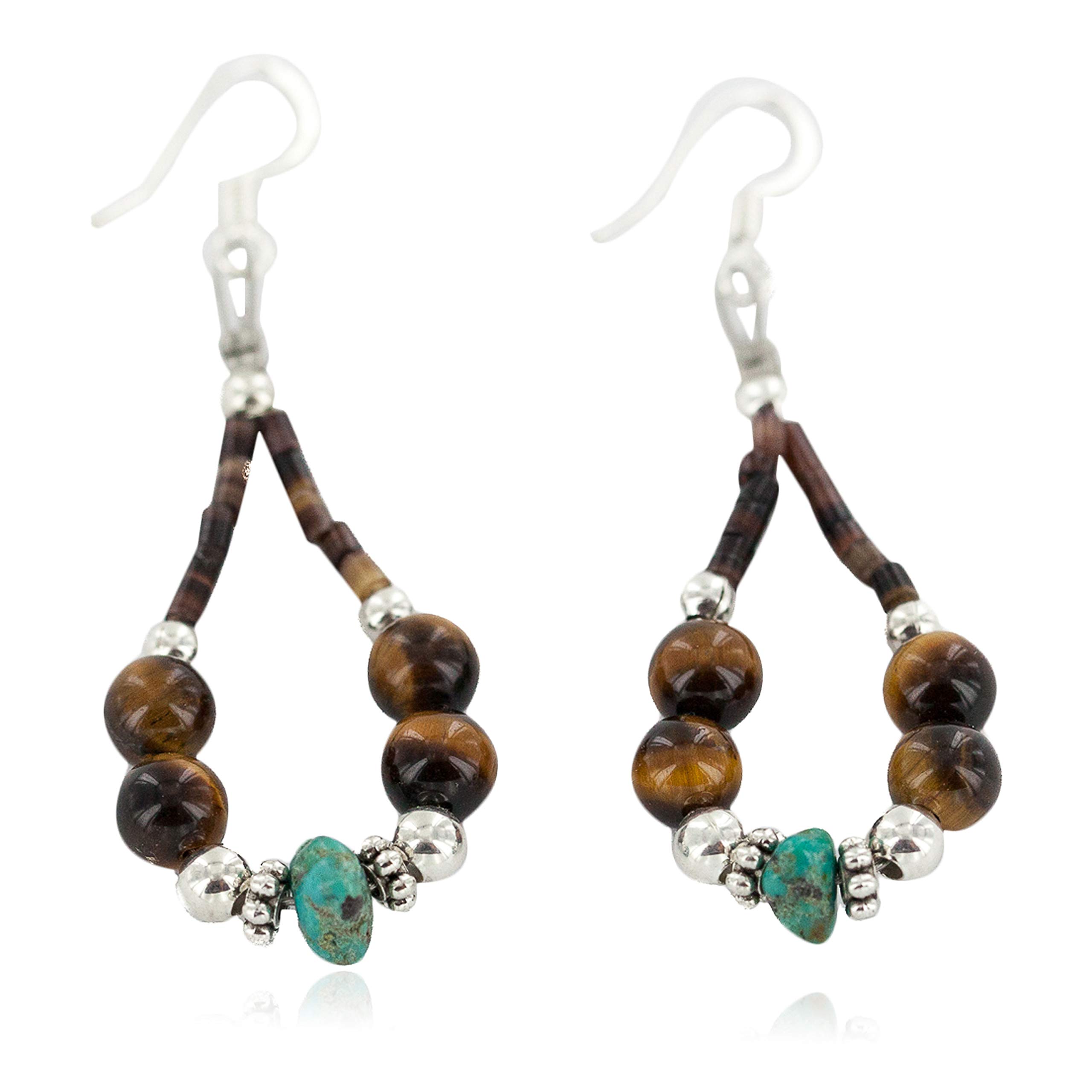 Loma Siiva Sterling Silver Turquoise Tigers Eye Hoop Dangle Earrings - Certified 925 Silver Hooks - Elegant Boho Jewelry for Women - Perfect for Parties, Weddings & Everyday Wear