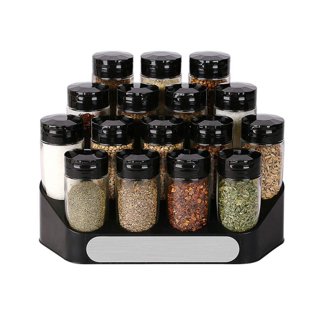 16-Piece Glass Condiment Pots Set - Black Kitchen Cruet Set for Spices, Oil & Vinegar - Multi-Function Seasoning Jars for Dining Table, Countertop & Buffet Serving